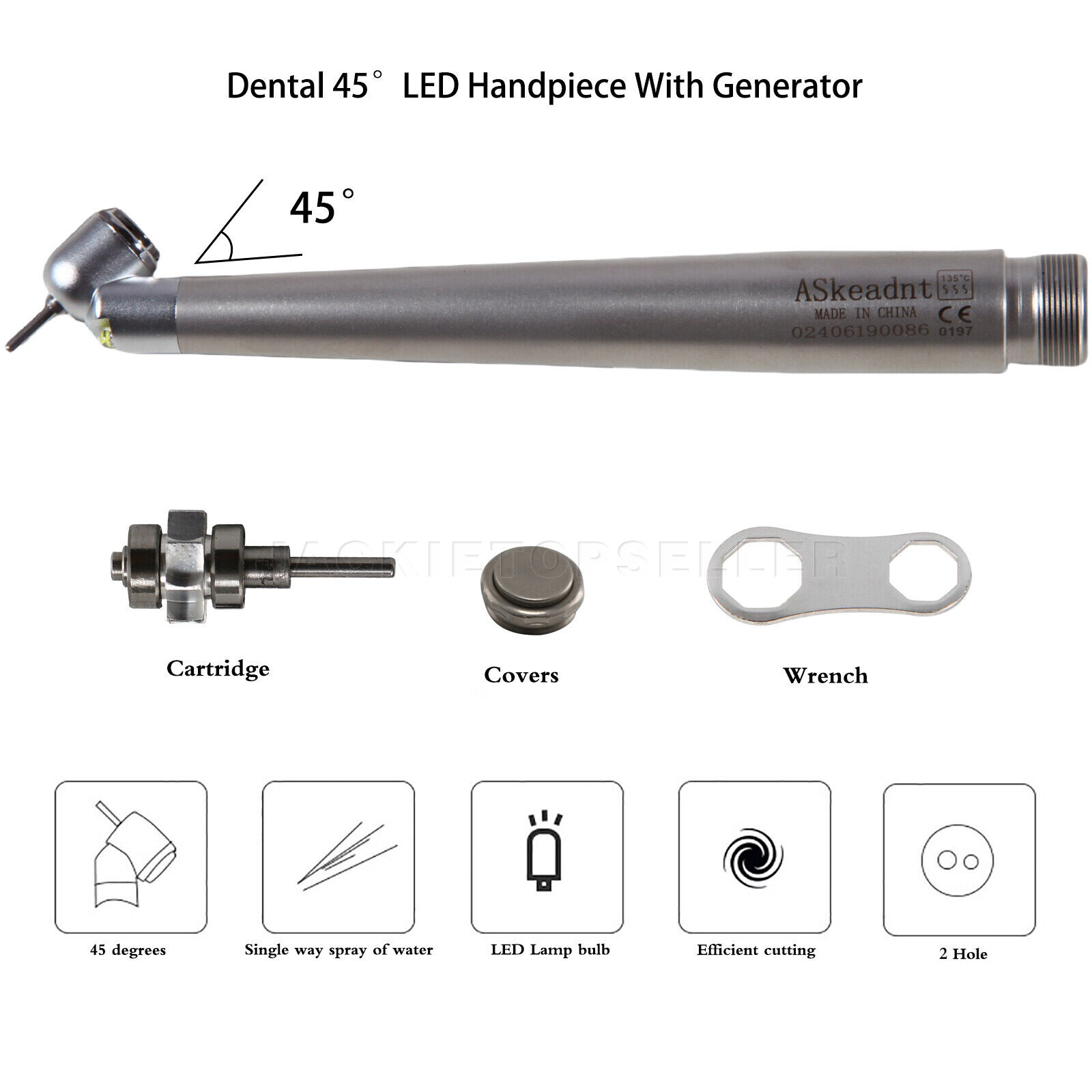 LED Dental Surgical Handpiece 45° Angle 2 Hole Borden Rear Exhaust Impact Air