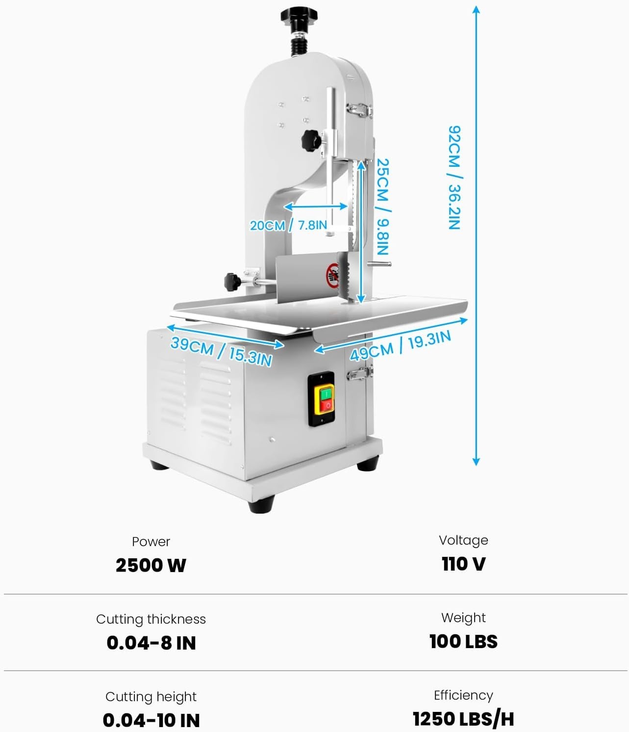 Electric Meat Bone BandSaw Machine 2500W Frozen Meat Slicer Cutter w/ 8 Blades