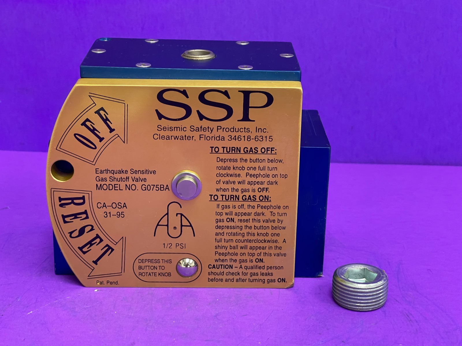 Seismic Safety Products Inc Earthquake Sensitive Gas Shut Off Valve Model G075BA