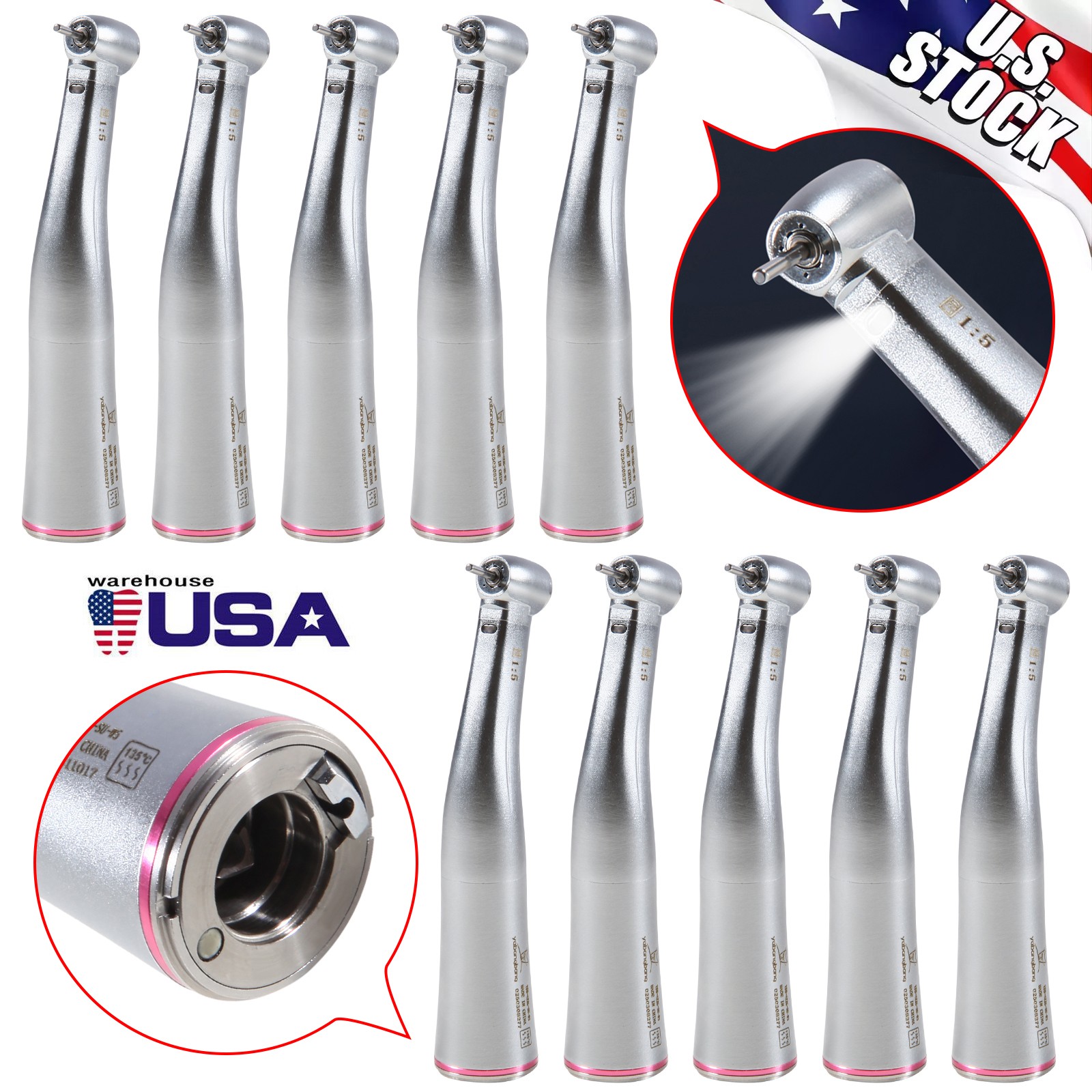 Yabangbang Dental Electric Handpiece 1:5 Contra Angle LED Optic High Speed 1-10