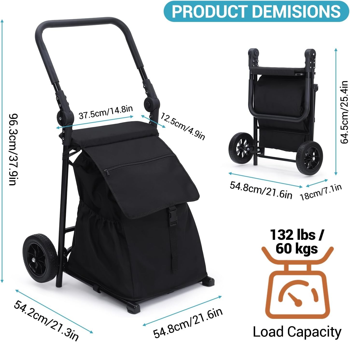 GARVEE Foldable Grocery Cart & Hand Truck, Large Storage Bag, Built-in Seat
