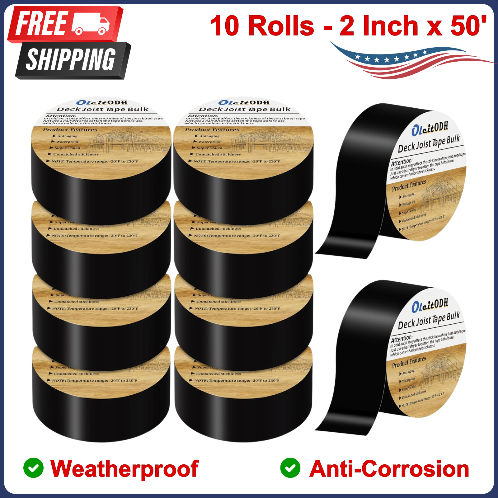 Joist Tape for Decking 2»X50′, 10 Rolls Weatherproof Butyl Tape For Decks Roof
