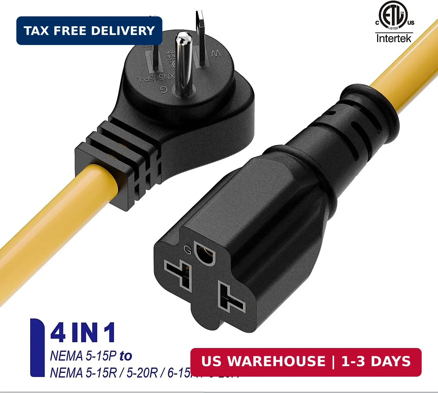 Right Angled [4-in-1] 15 Amp Household AC Plug to 20 Amp T Blade Adapter,5-15P t