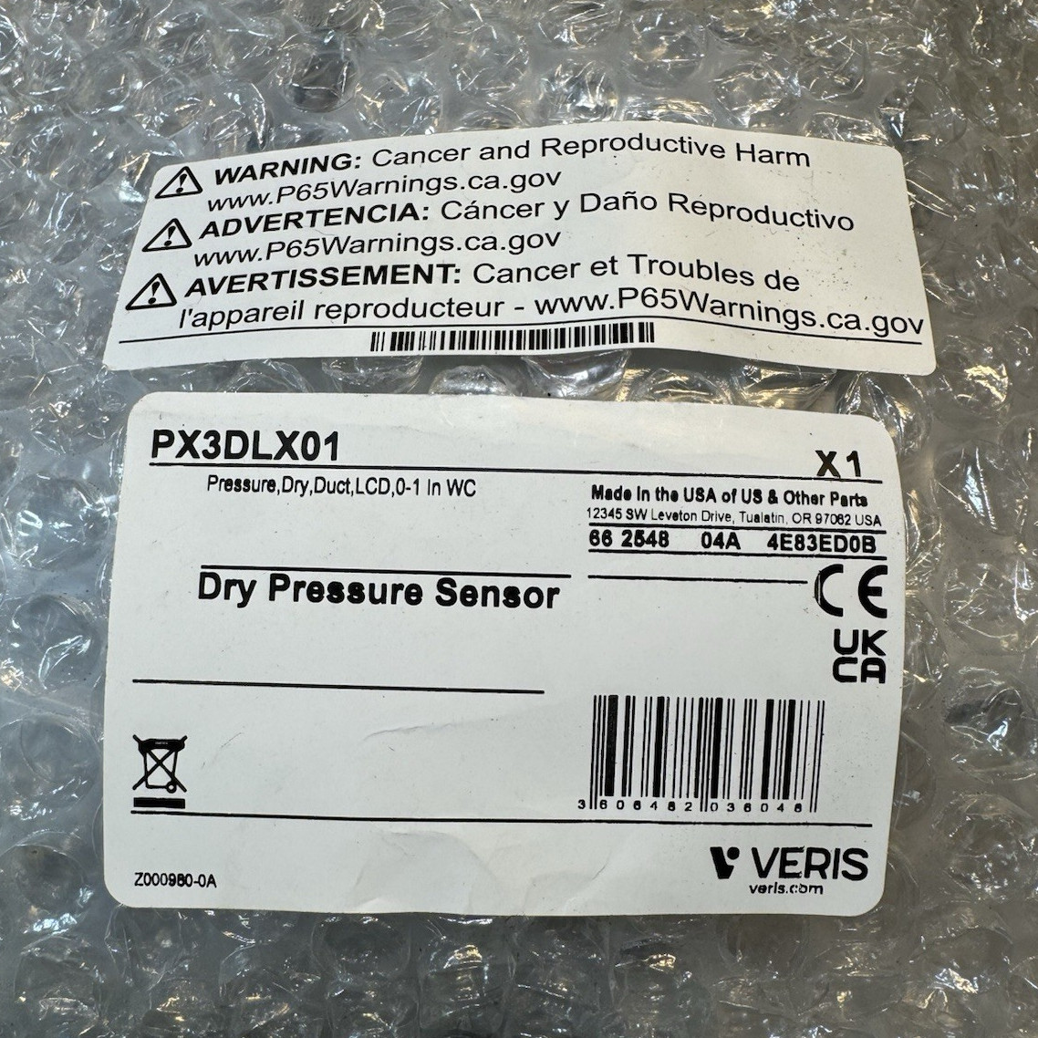 VERIS PX3DLX01 Differential Dry Pressure Sensor, Analog Output, DC