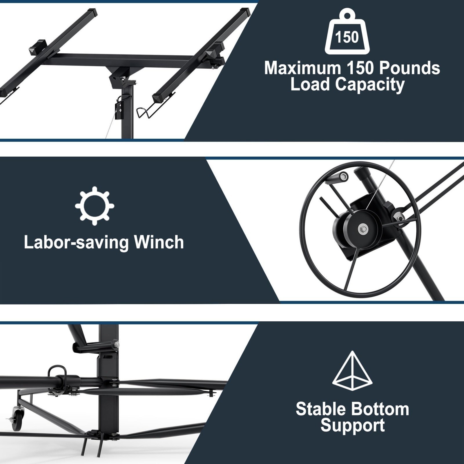 150LB Drywall Lift 11FT Heavy-Duty Winch 4-16FT Telescoping Ceiling Hoist Black