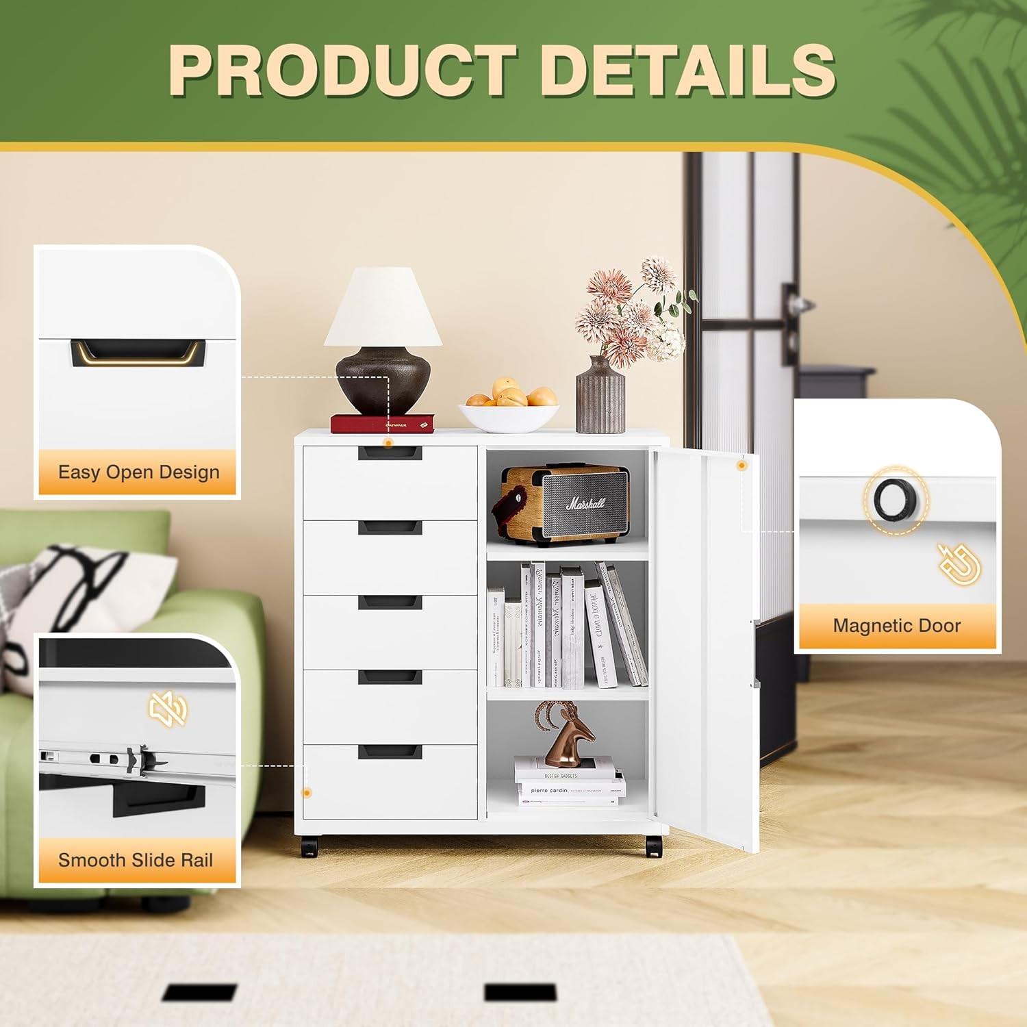 Office Storage Cabinet 5 Drawer Metal with Wheels Printer Stand White