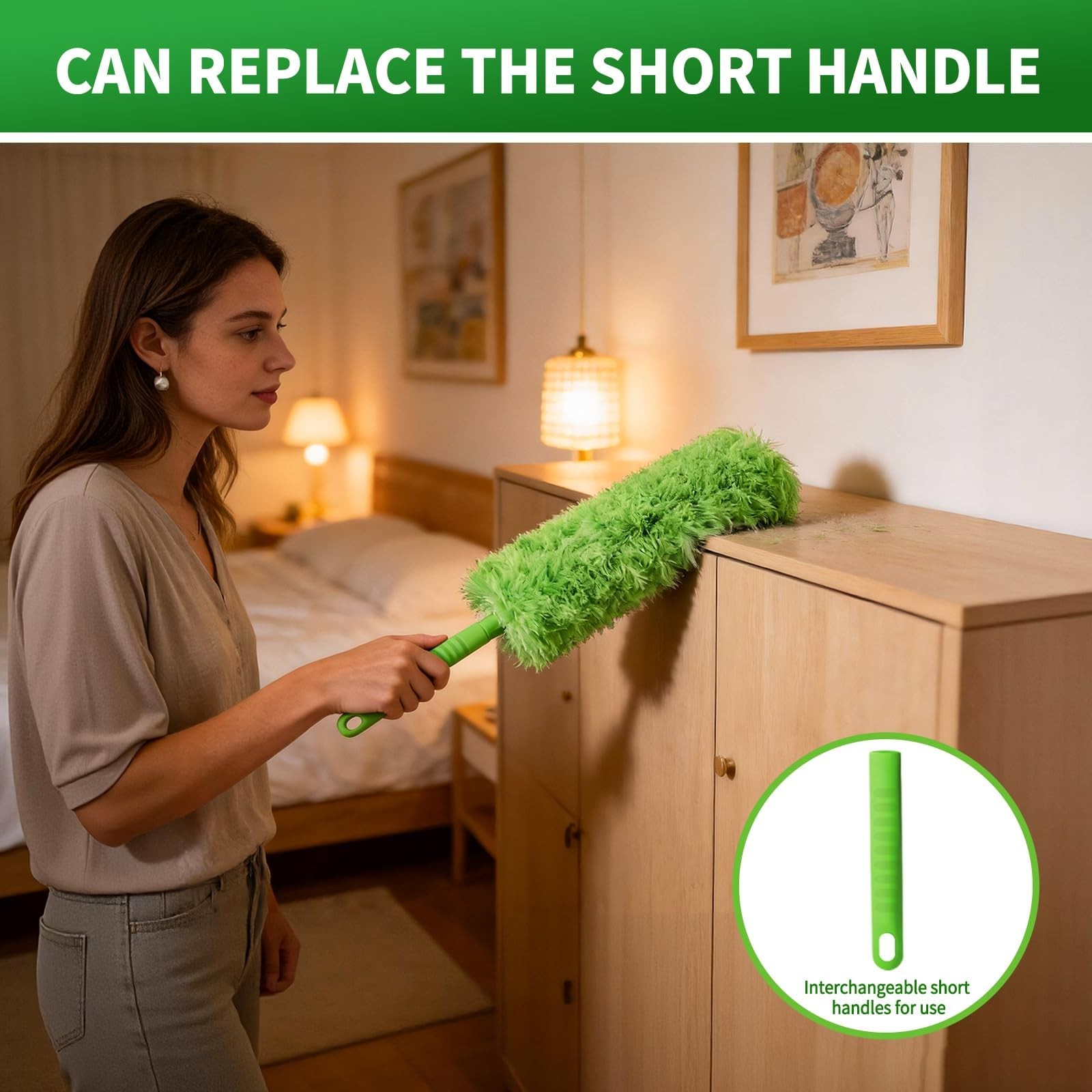 Cobweb Duster with Extension Pole, Washable Cleaning 110 inches, Green