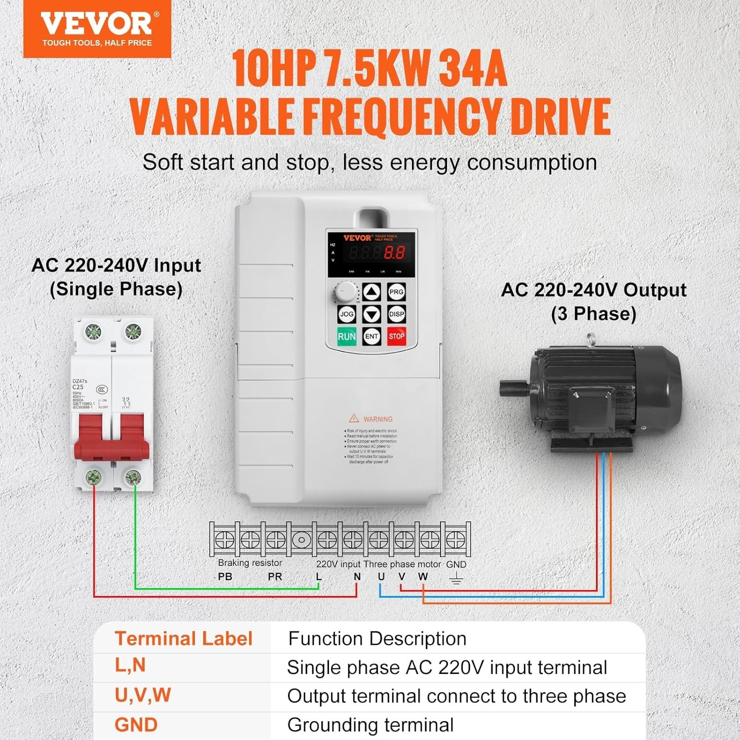 VFD 10HP, 7.5KW, 34A, 1 Phase 220V-240V Input to 3 Phase 220V-240V Output Var…