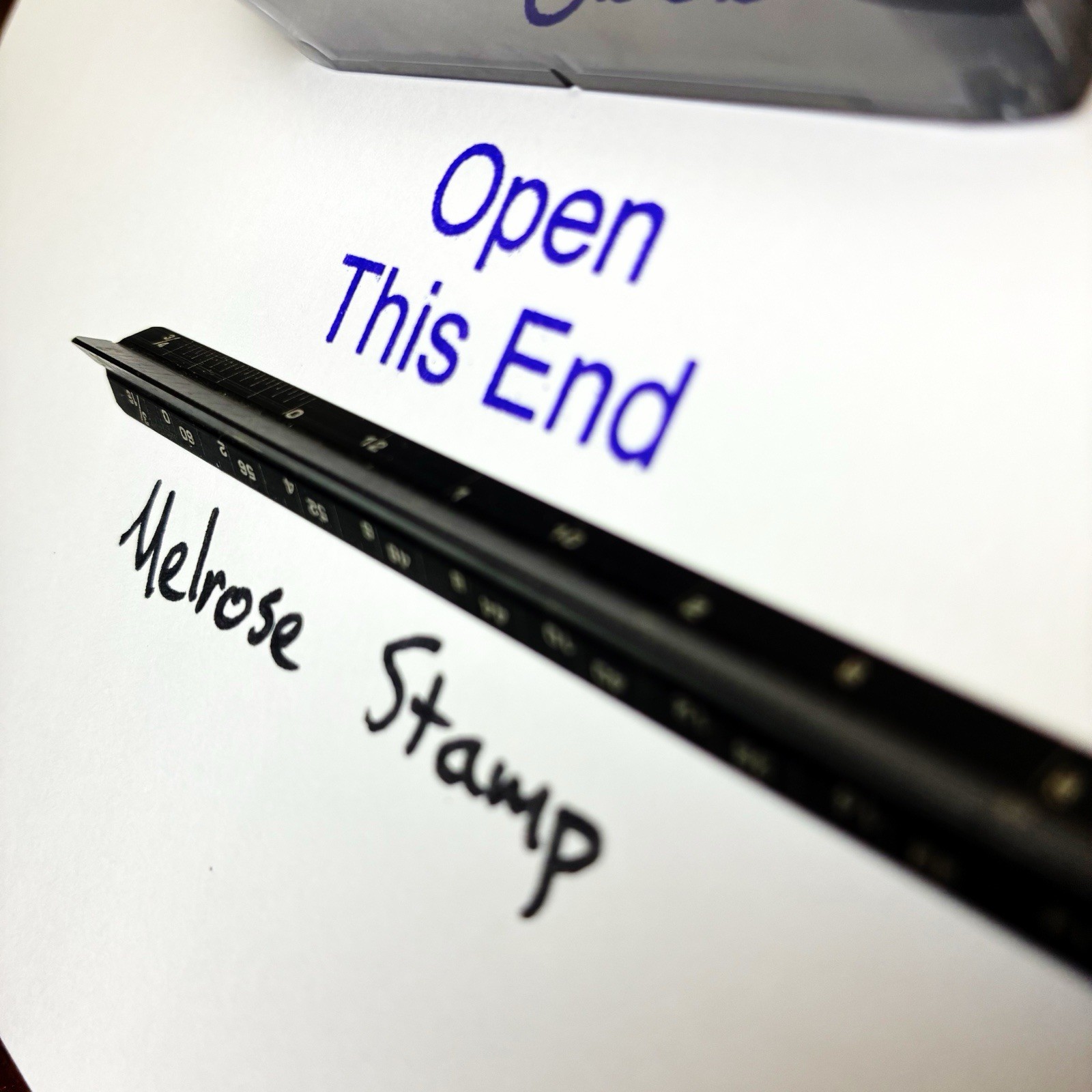 Open This End Rubber Stamp Purple Ink Self Inking Ideal 4913