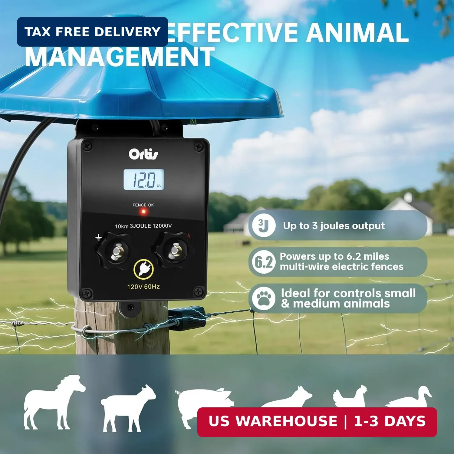 Electric Fence Energizer with LCD Display, Ortis 12,000V 3 Joules Electric Fence
