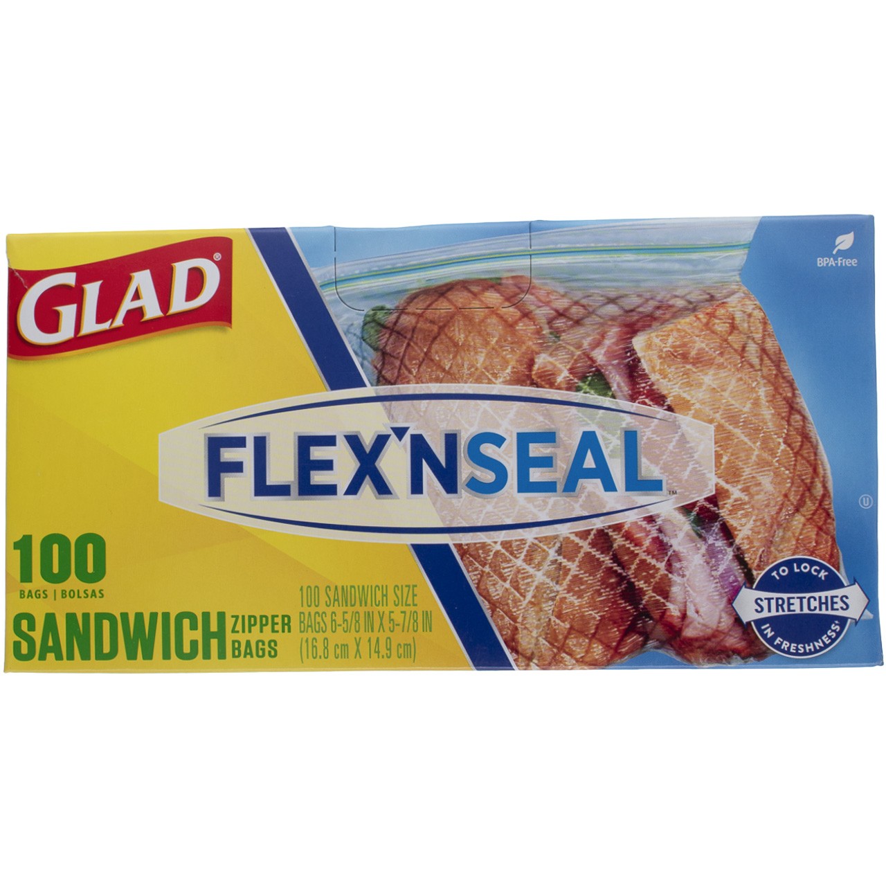6 Pack Glad FLEX N SEAL Sandwich Zipper Bags, 16.8 cm X 14.9 cm, 12 oz, 100 Ct