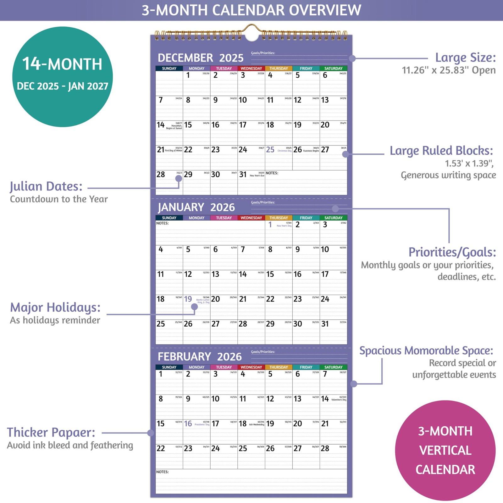 2026 Wall Calendar – 3 Month 2026 Vertical, Jan 2026 – Dec 2026, 3…