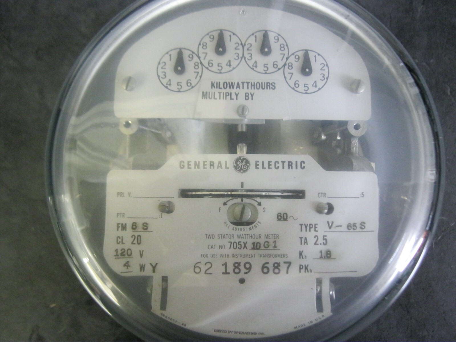 GE General Electric 705X10G1 Type V-65S Two Stator Watthour Meter, 120V, 4WY