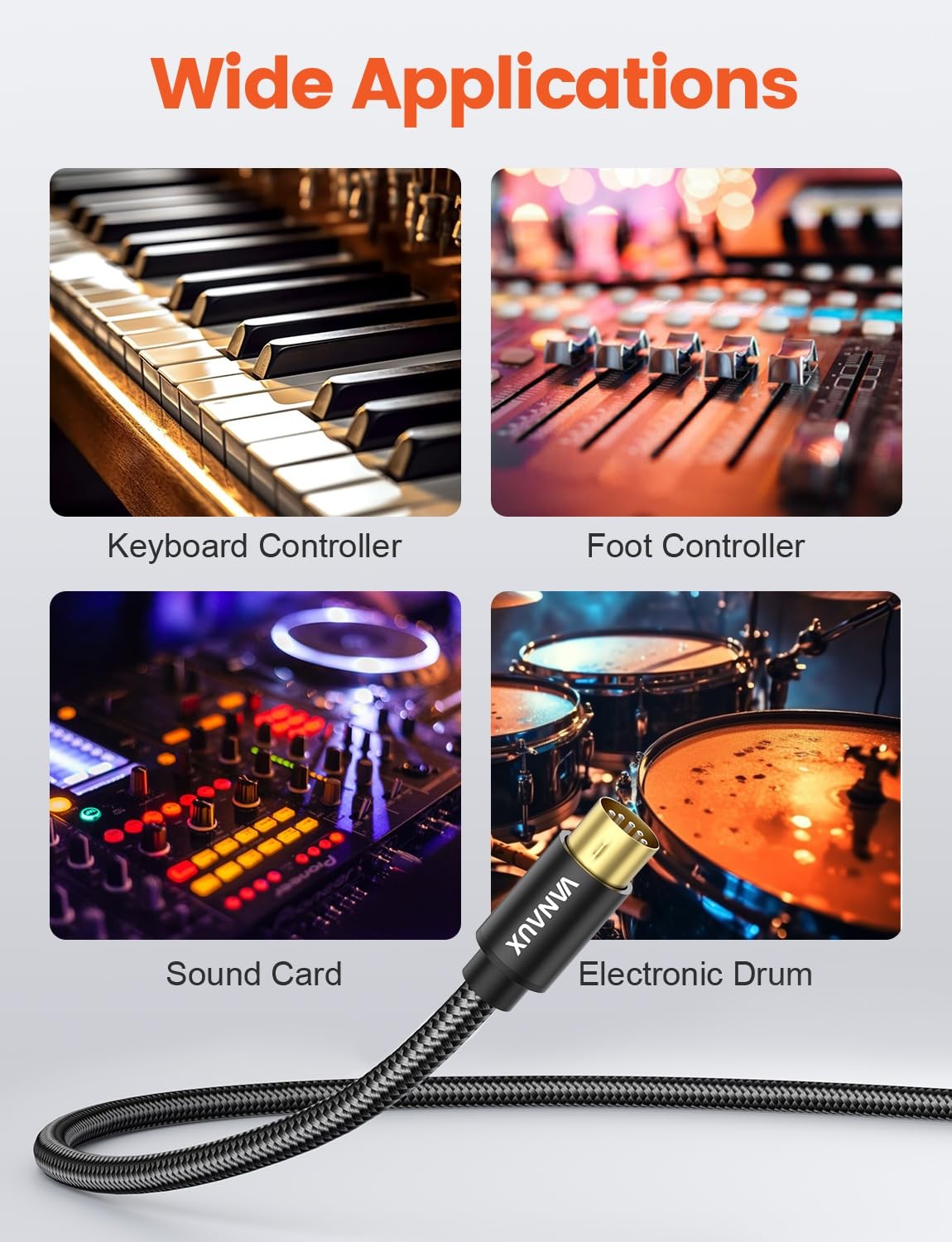2 PCS Black 6.6 FT 2M 5Pin Male to Male MIDI Cable Keyboard Synth Audio Wire
