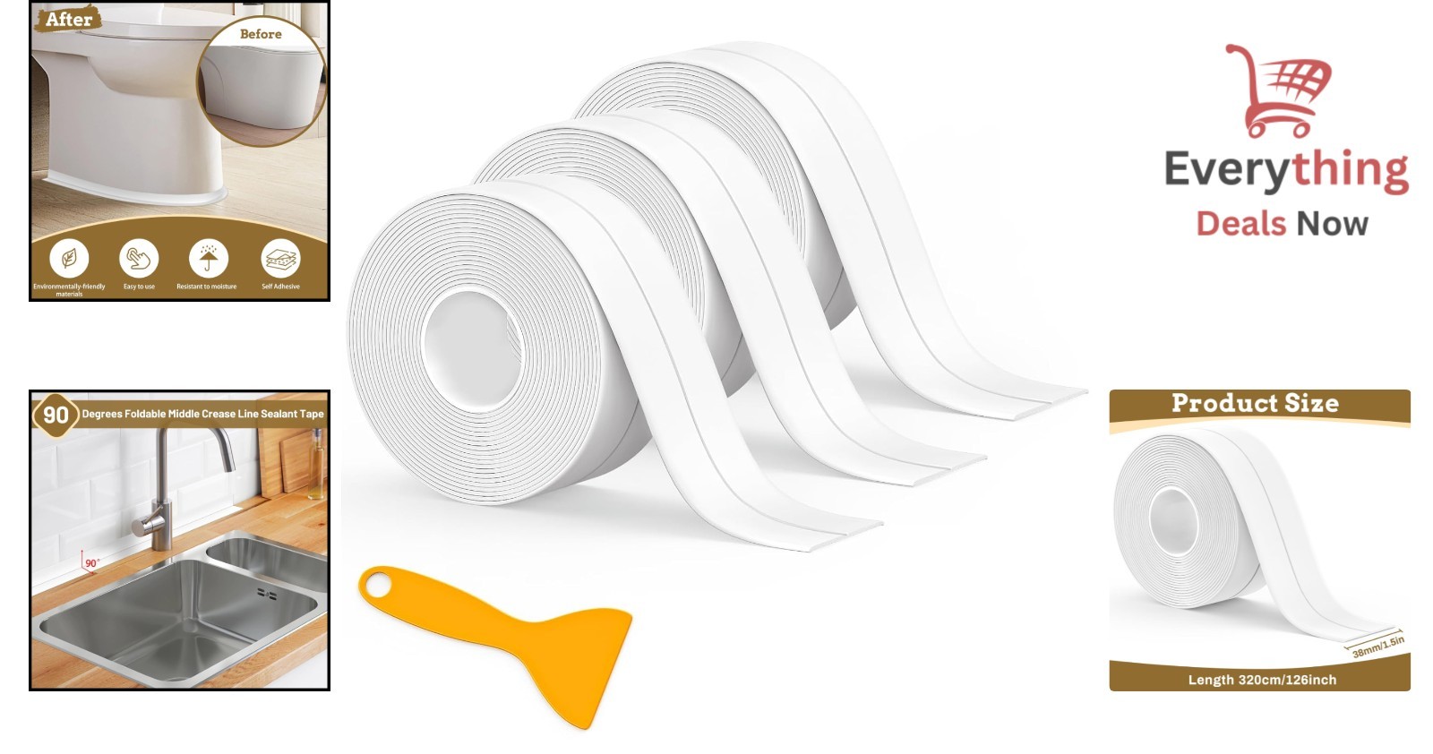 Waterproof Self-Adhesive Caulk Tape, 3 Rolls 1.5″ x 10.5ft for Kitchen & Bath