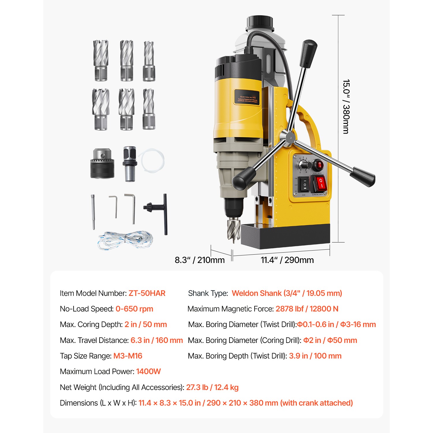 Magnetic Drill 1450W 12800N Mag Drill Press 2 in Boring Diameter 6 Bits Yellow