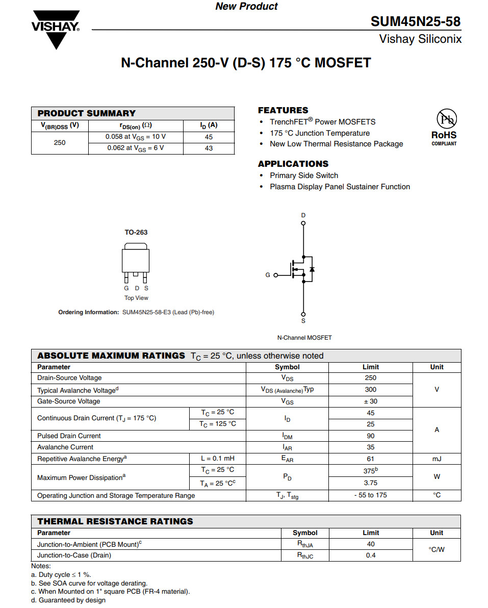SUM45N25-58-E3 VISHAY N-Ch Power MOSFET 250V 45A 58mOhm 375W TO-263 D2PAK