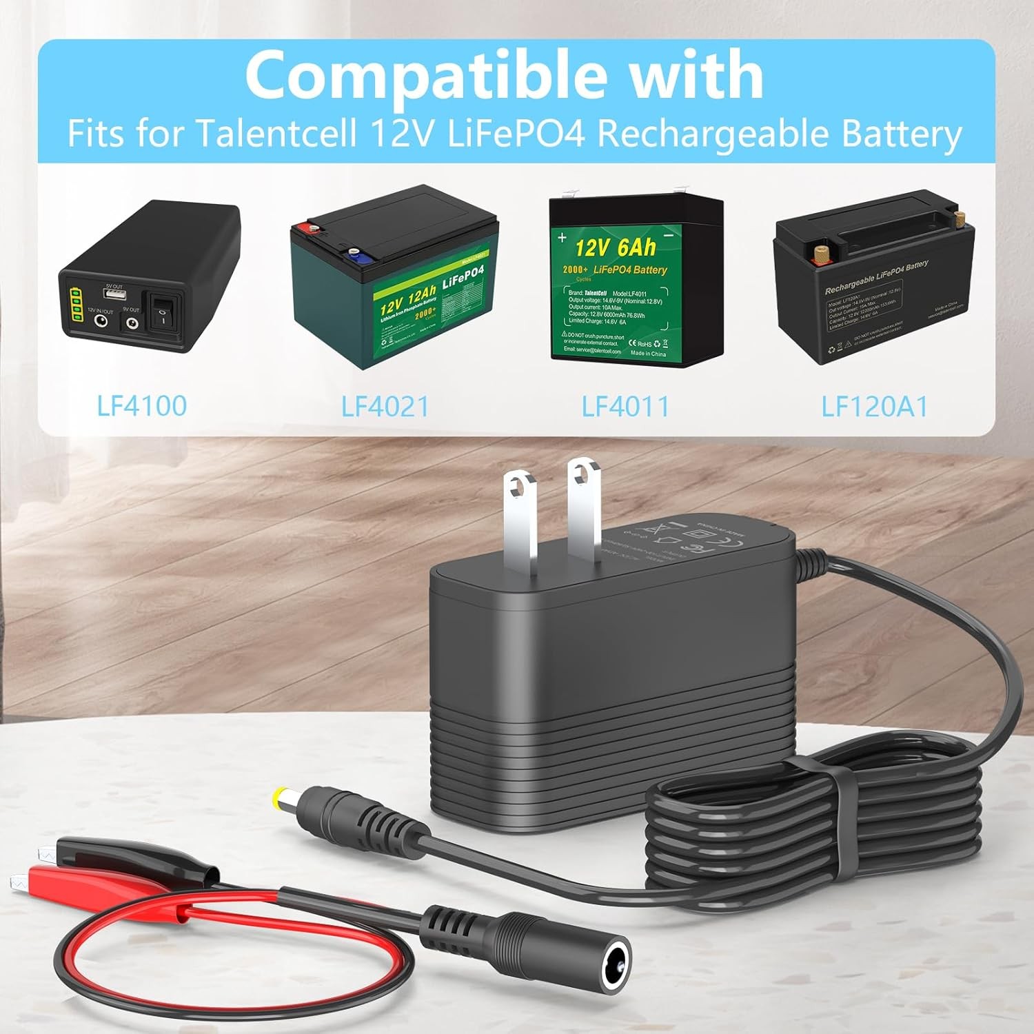 14.6V 2A LiFePO4 Battery Charger for 12V with Dual Alligator Clips Fast Charging