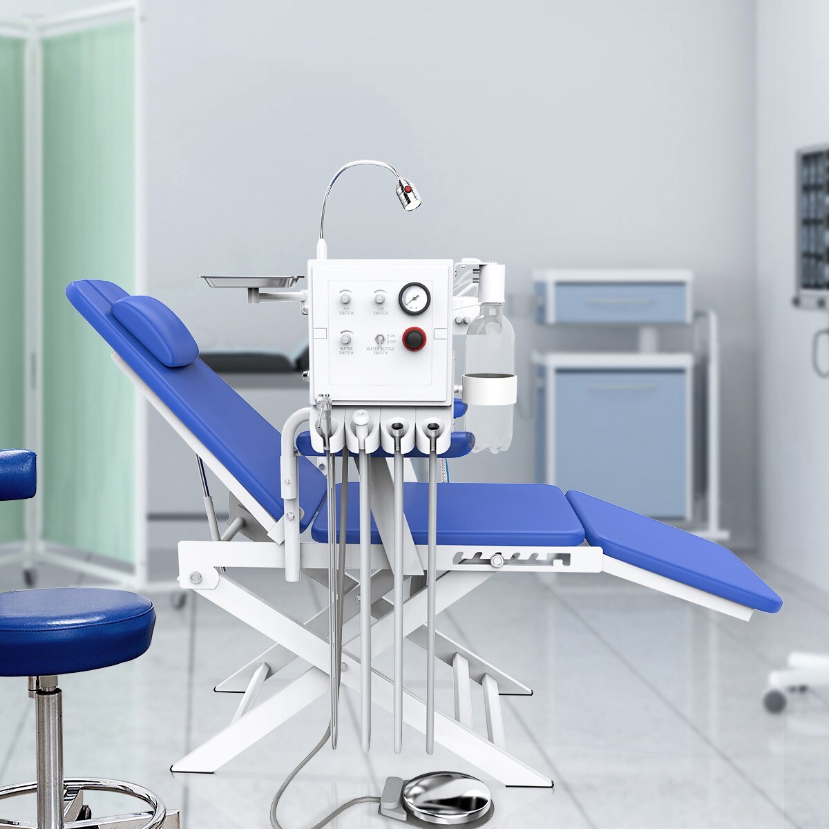 Dental Portable Mobile Folding Chair LED Light Air Turbine Unit 4 Hole Blue