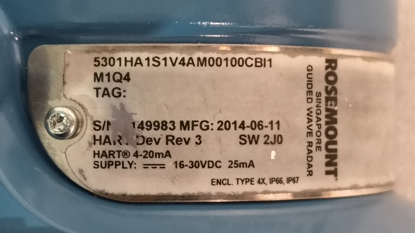 ROSEMOUNT 5300 SERIES GUIDED WAVE RADAR LEVEL TRANSMITTER 5301HA1S1V4AM00100CBI1