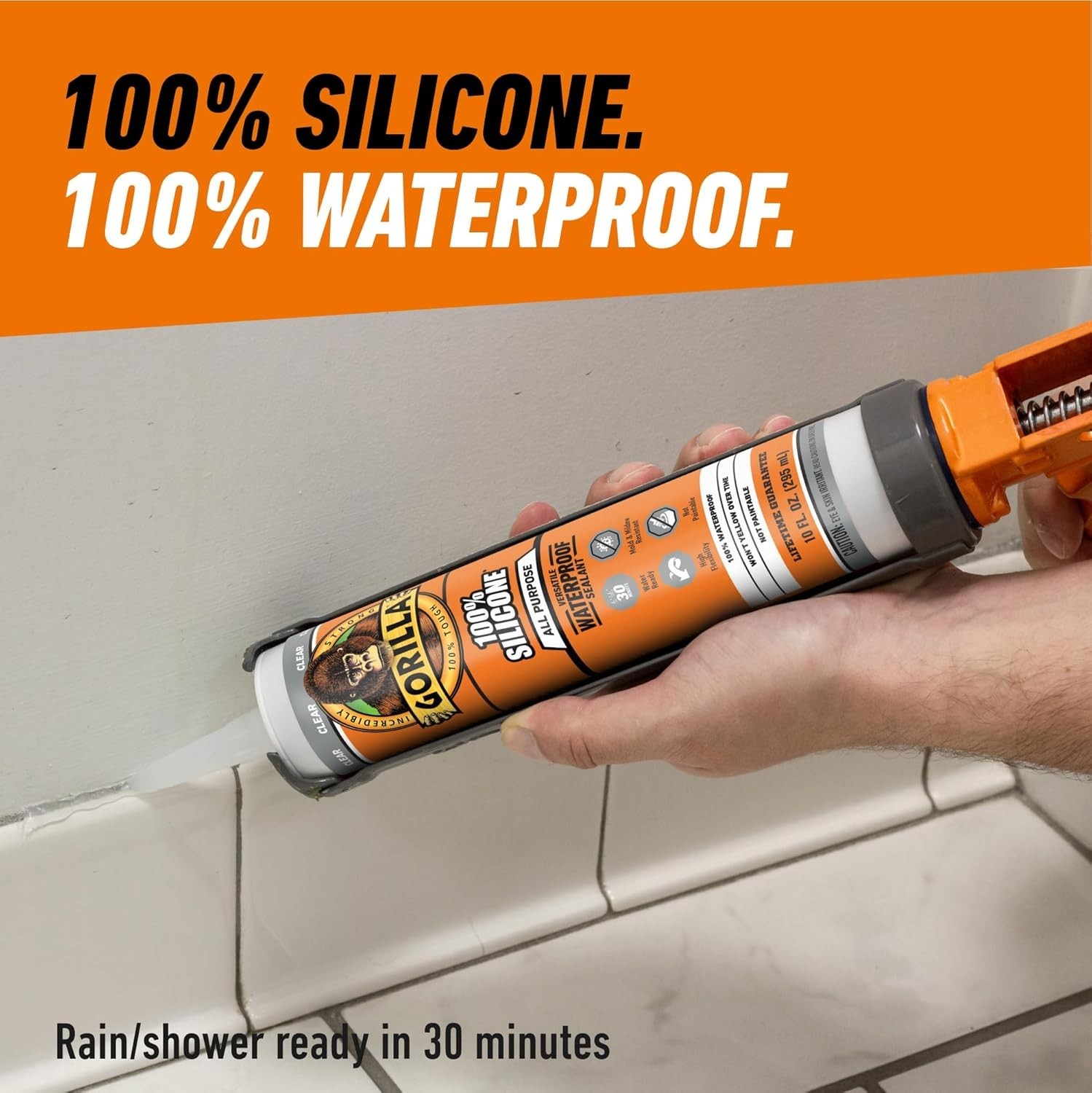 Gorilla 100% Silicone Waterproof Caulk 10 oz, Clear All-Purpose Sealant Glue