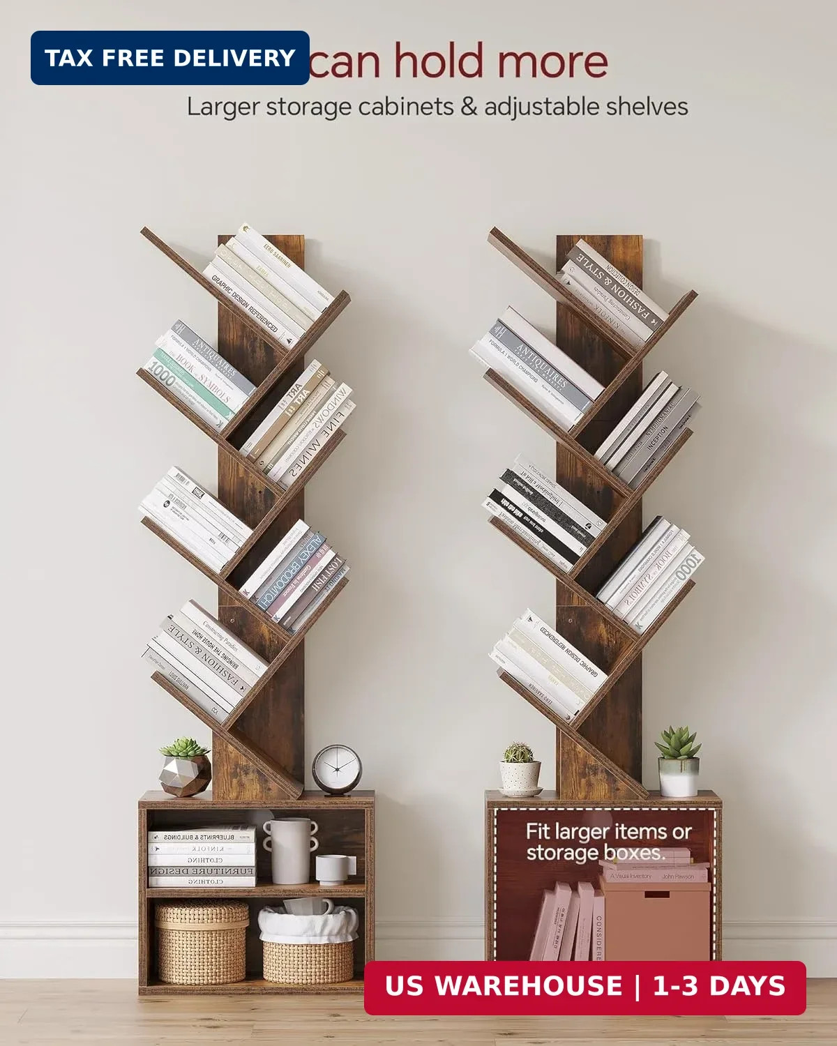 6 Tier Tree Bookshelf, Small Bookcase with Storage Cabinet, Modern Tall Narrow B