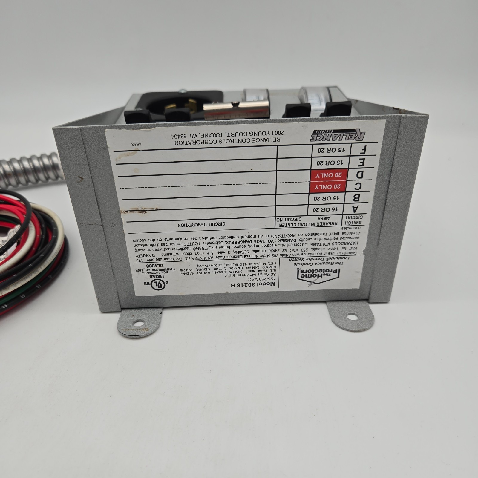 Reliance Controls 30216B 6 Circuit 30Amp Generator Standby Power Transfer Switch