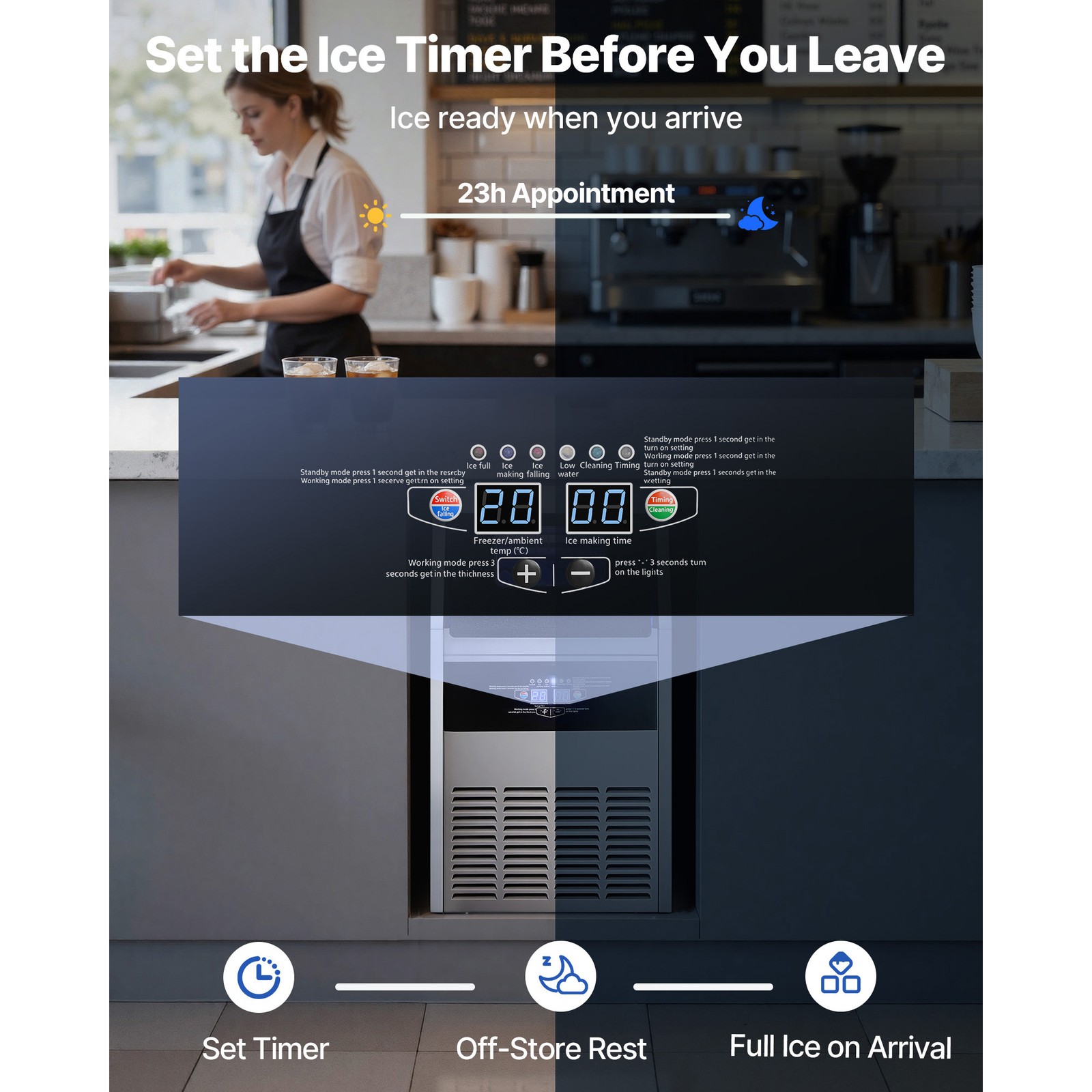 Uimoso Commercial Ice Maker 130 lbs/24h Ice Machine 16-30 lbs Storage Restaurant