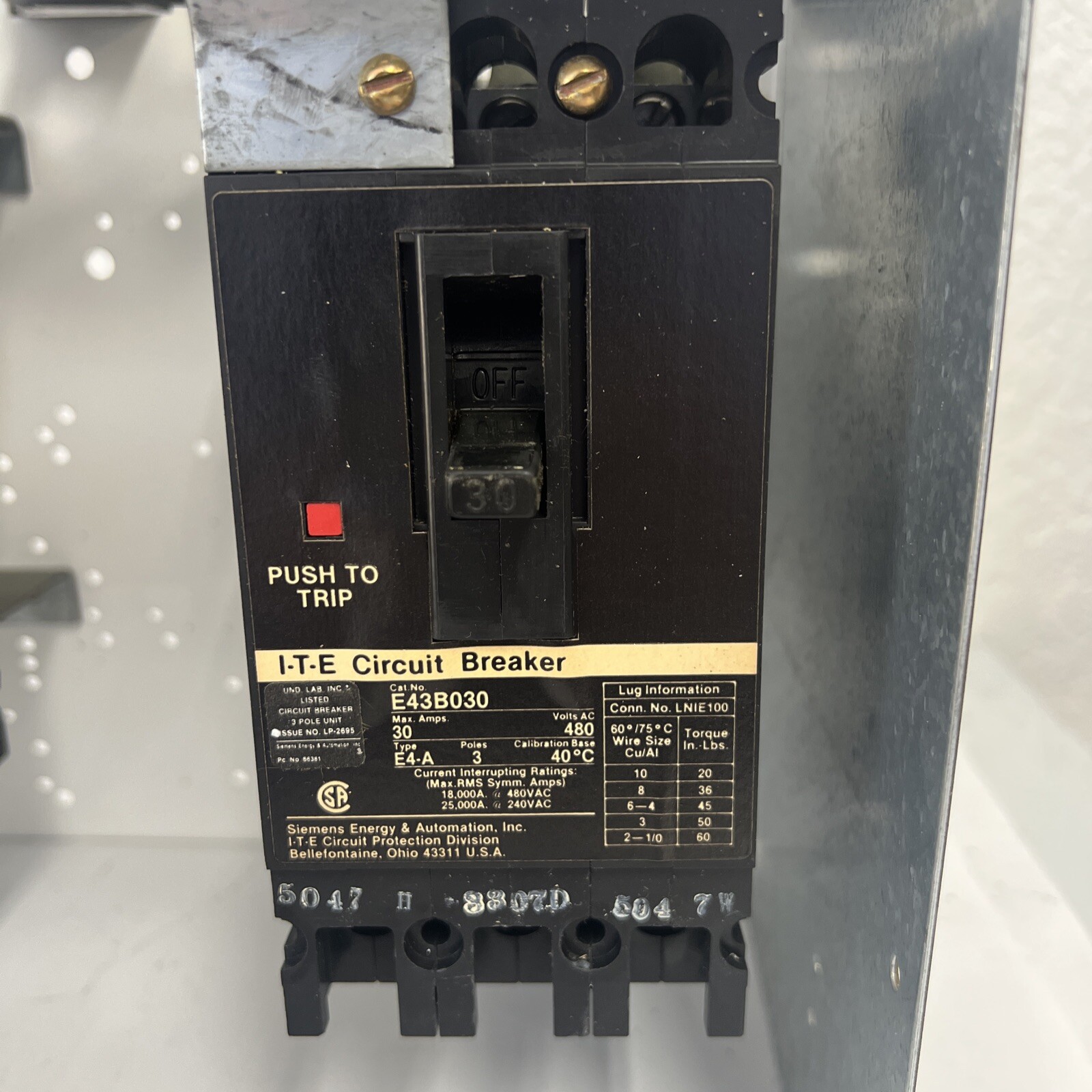 Siemens MCC Bucket 10.5″ with E43B030 480V 30A Model 95 (No Door)