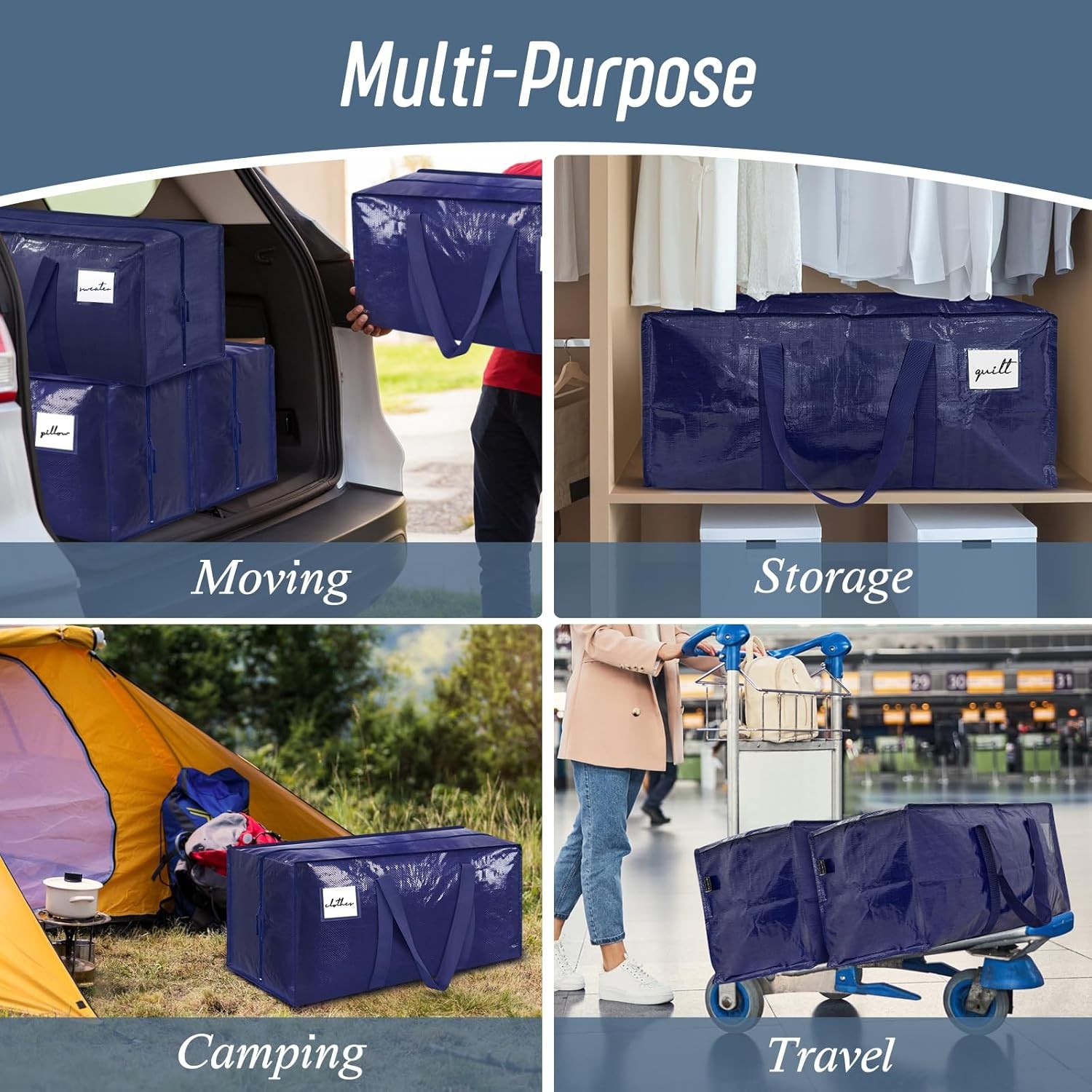 6 Pack Extra Heavy Duty Large Moving Bags with Strong Zipper, Dark Blue |…