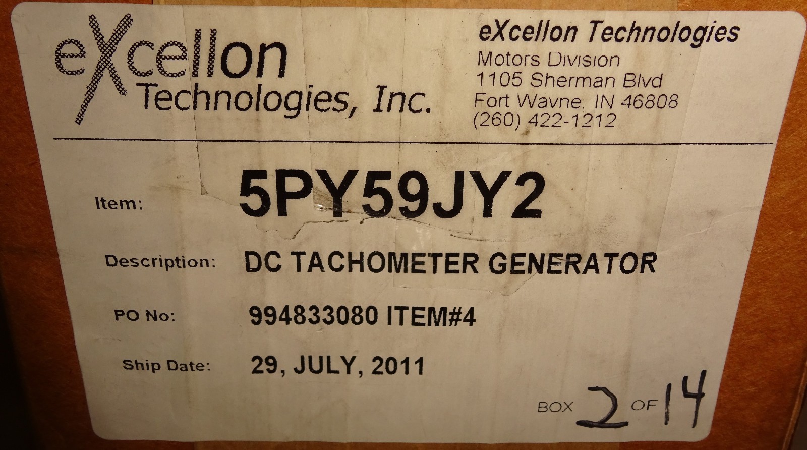 Excellon 5PY59JY2 DC Tachometer Generator Rated 50VDC / 1000RPM NEW