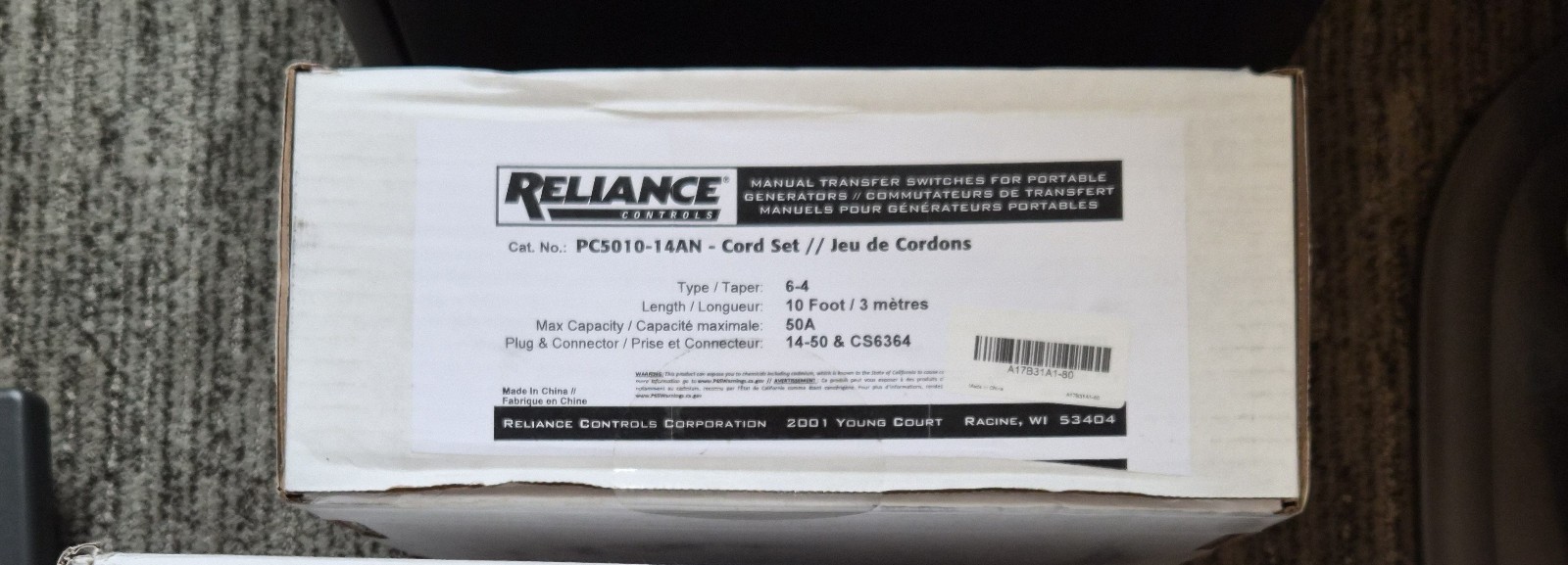 Reliance Controls SS2-50R to NEMA 14-50P, 10 FT, 6AWG, 50A, Power Cord