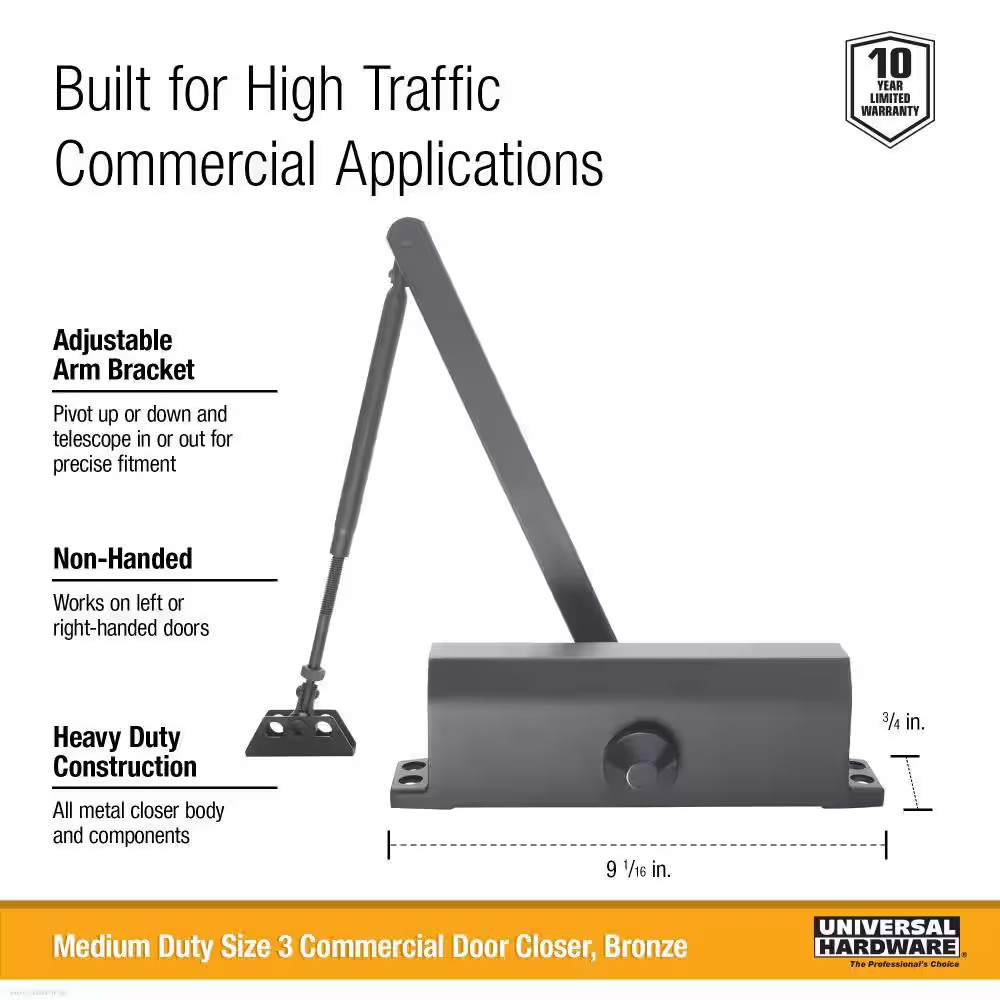 Size 3 Medium Duty Commercial Door Closer – Standard, Parallel, Top Mount – UL 3