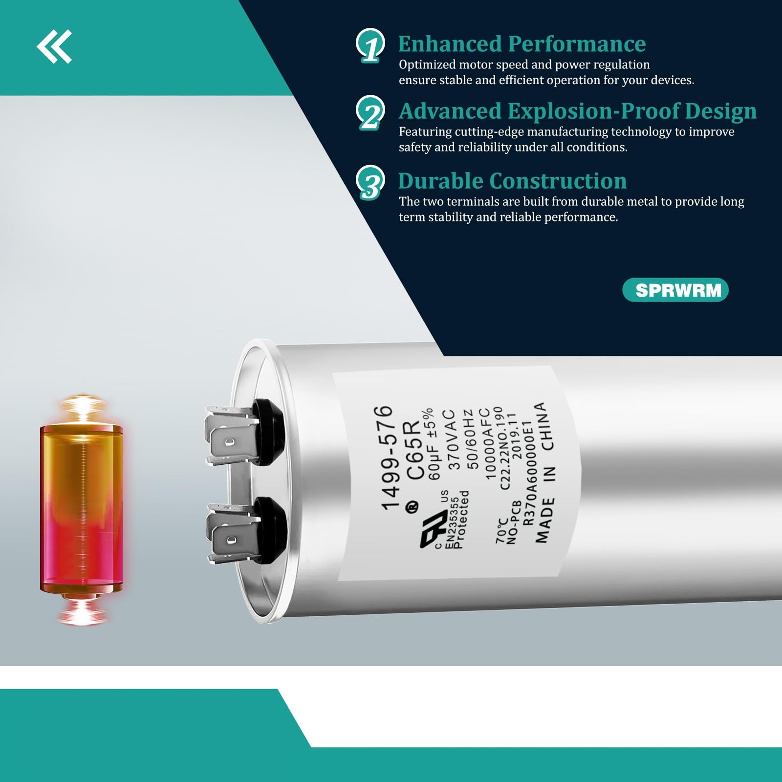 SPRWRM 1499-576 1499-5761 Capacitor 60UF 370VAC Helps Motor Start Stably Expl…