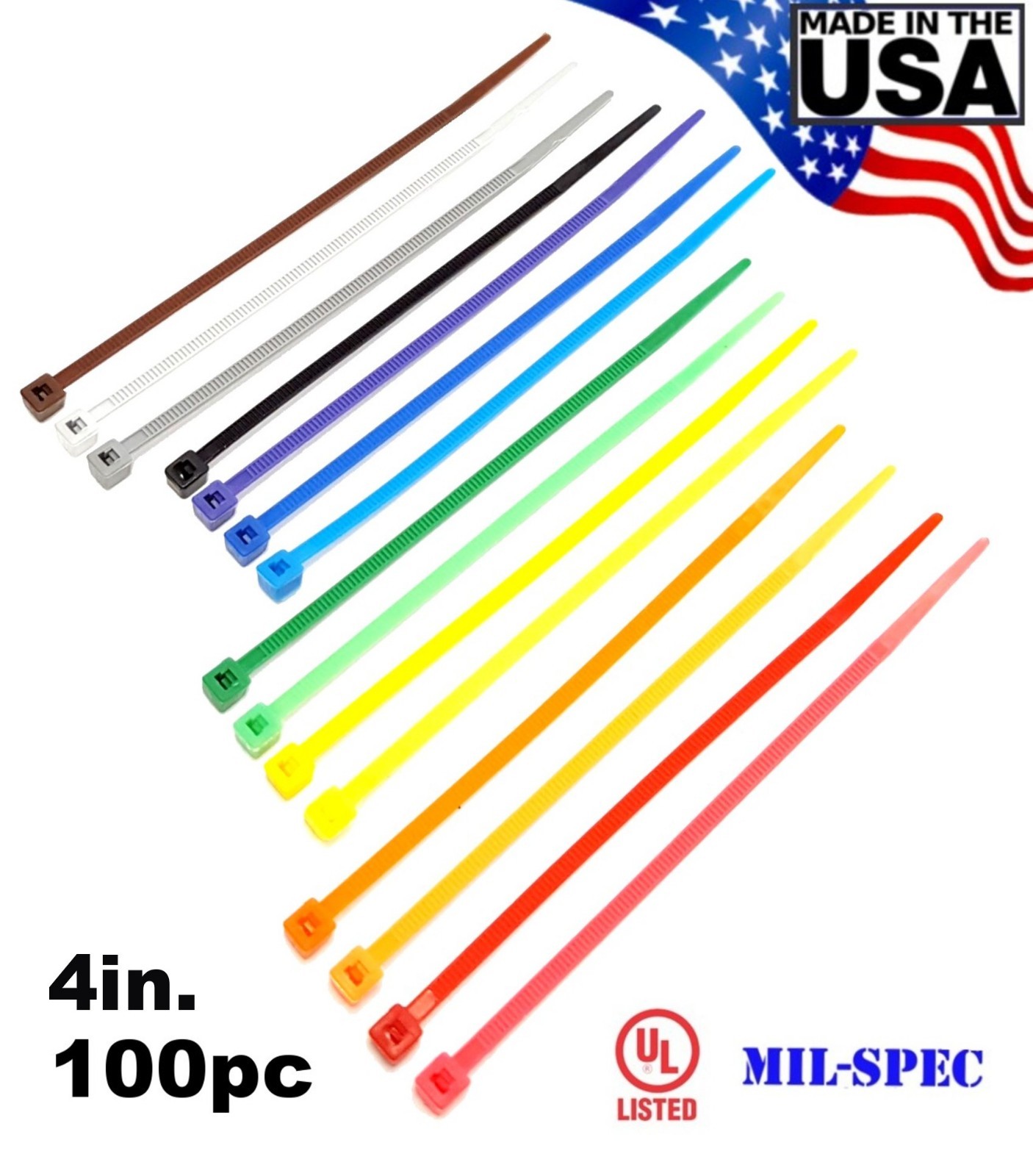 Color Zip Cable Ties 4″ 18lbs 100pc Made in USA Nylon Wire Tie Wraps