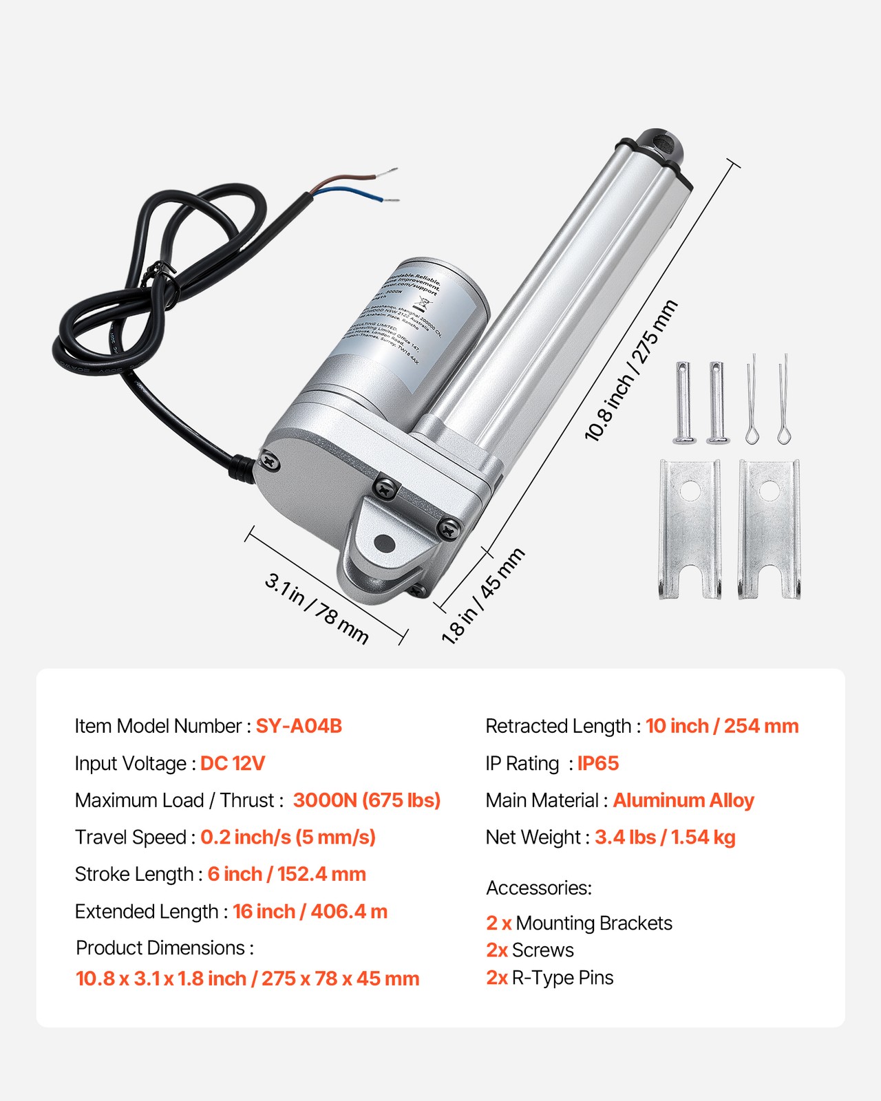 VEVOR Linear Actuator 12V 6-inch 675lbs/3000N IP65 Waterproof 0.2″/s Actuator