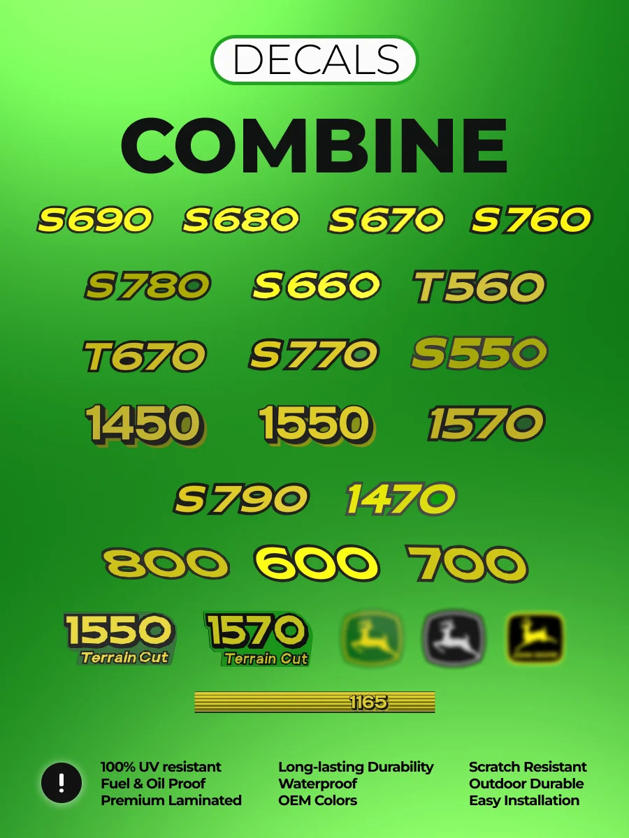 Premium Laminated Decal Set for John Deere Combine S680 4-Layer Laminated Vinyl