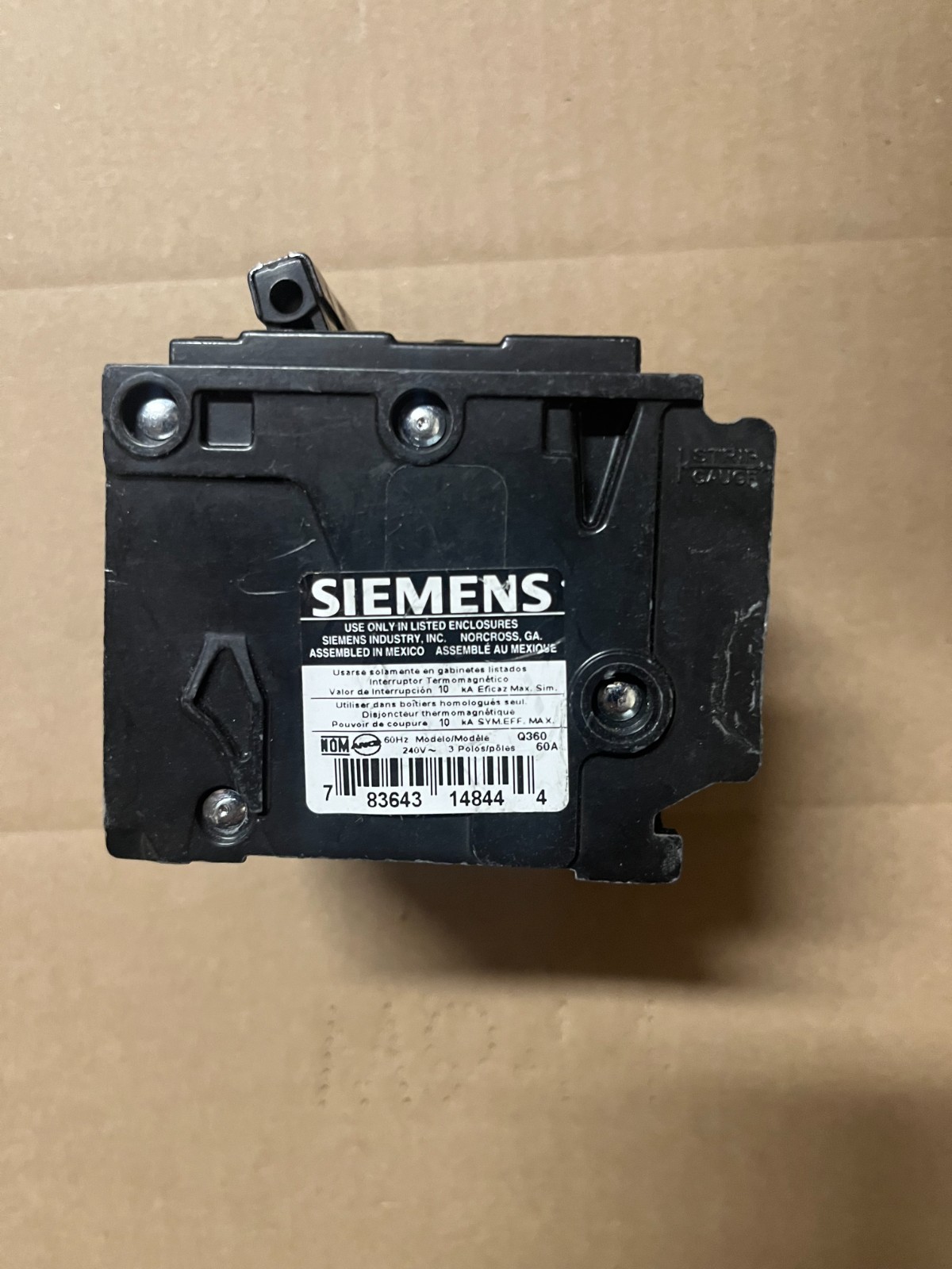 Q360 – Siemens 60 Amp 3-Pole 240 Volt Plug-In Circuit Breaker Q Series