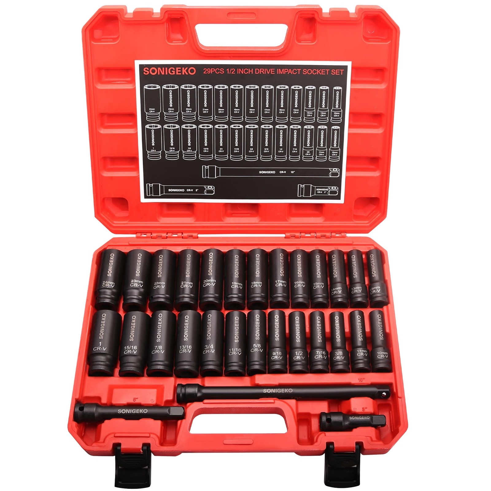 29-Piece 1/2″ Drive Impact Sockets Set, 6 Point Deep Standard SAE and Metric …