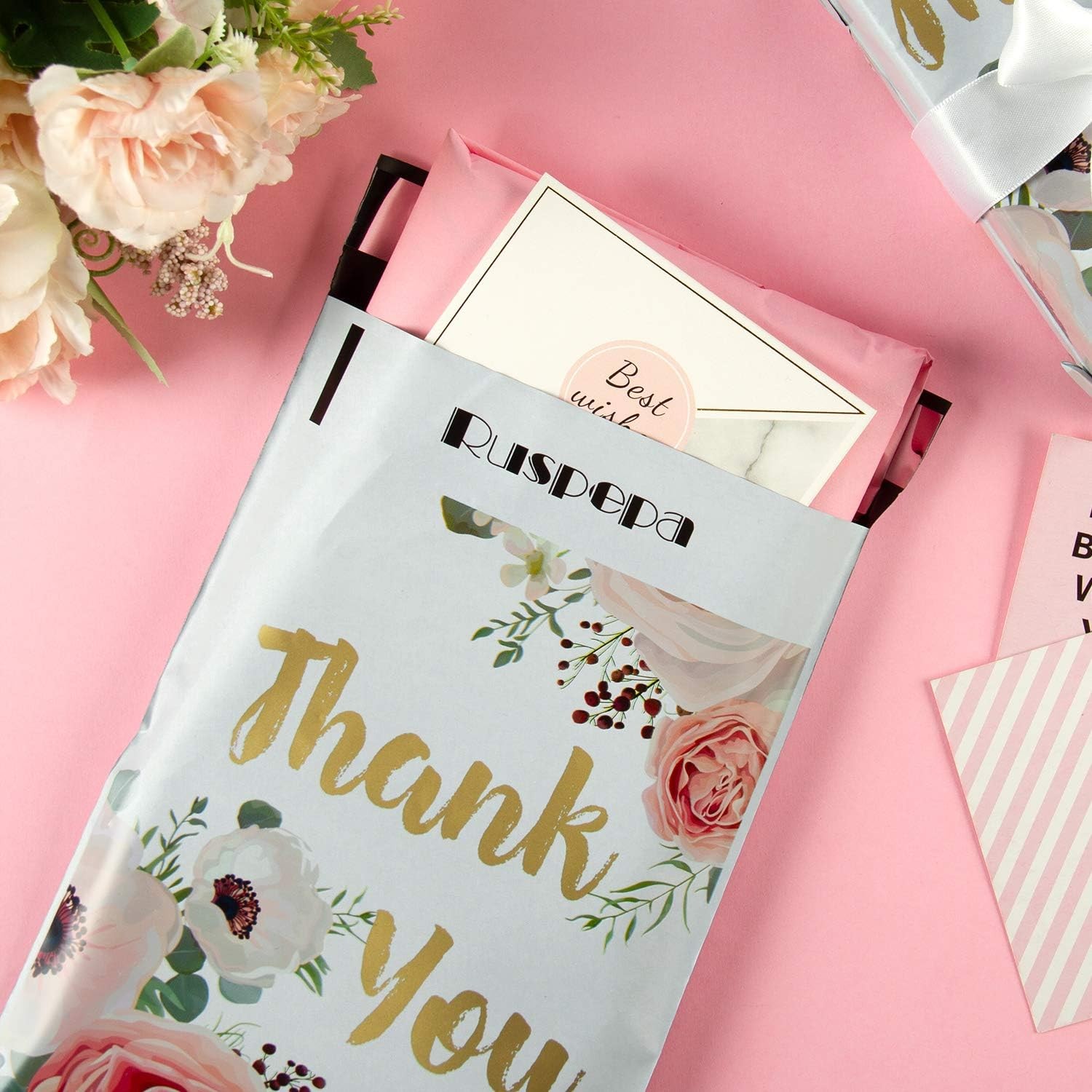 RUSPEPA 6×9 inches Poly Mailers Shipping Bags Thank You Notes Flowers Surrounde