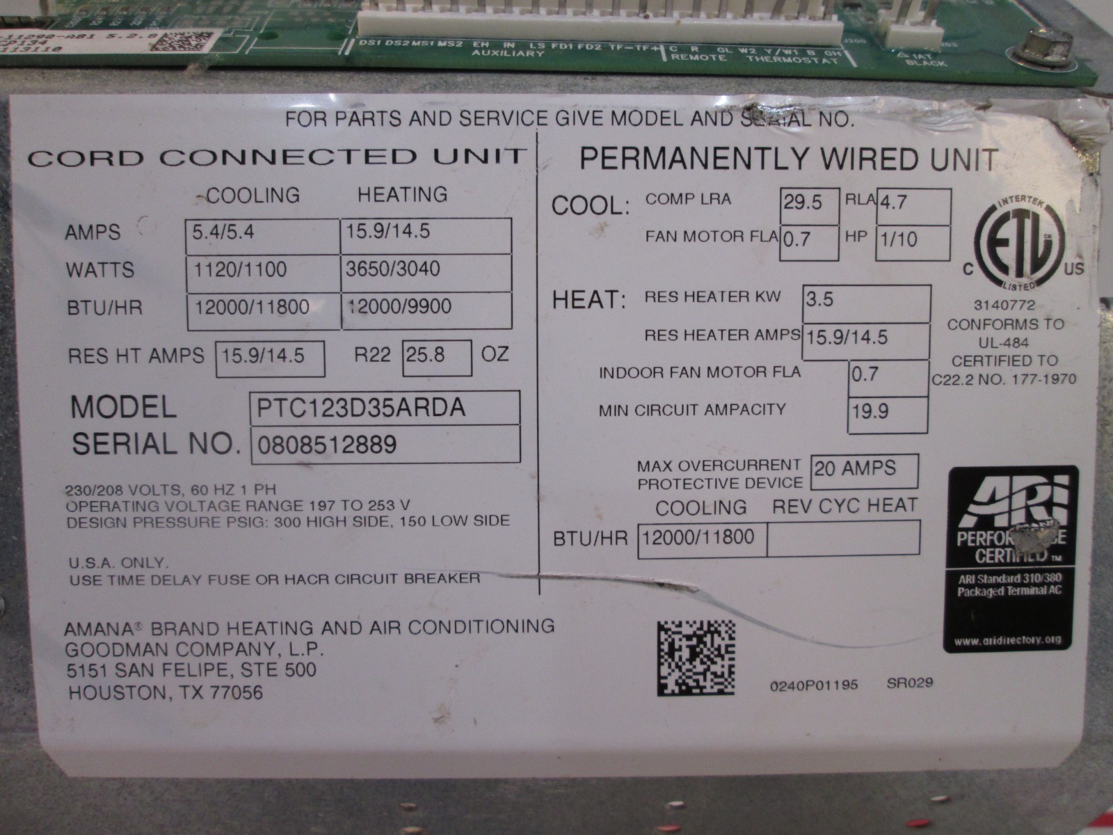 Amana PTAC Universal PC Circuit Control Board With Hardware PTC123D35ARDA