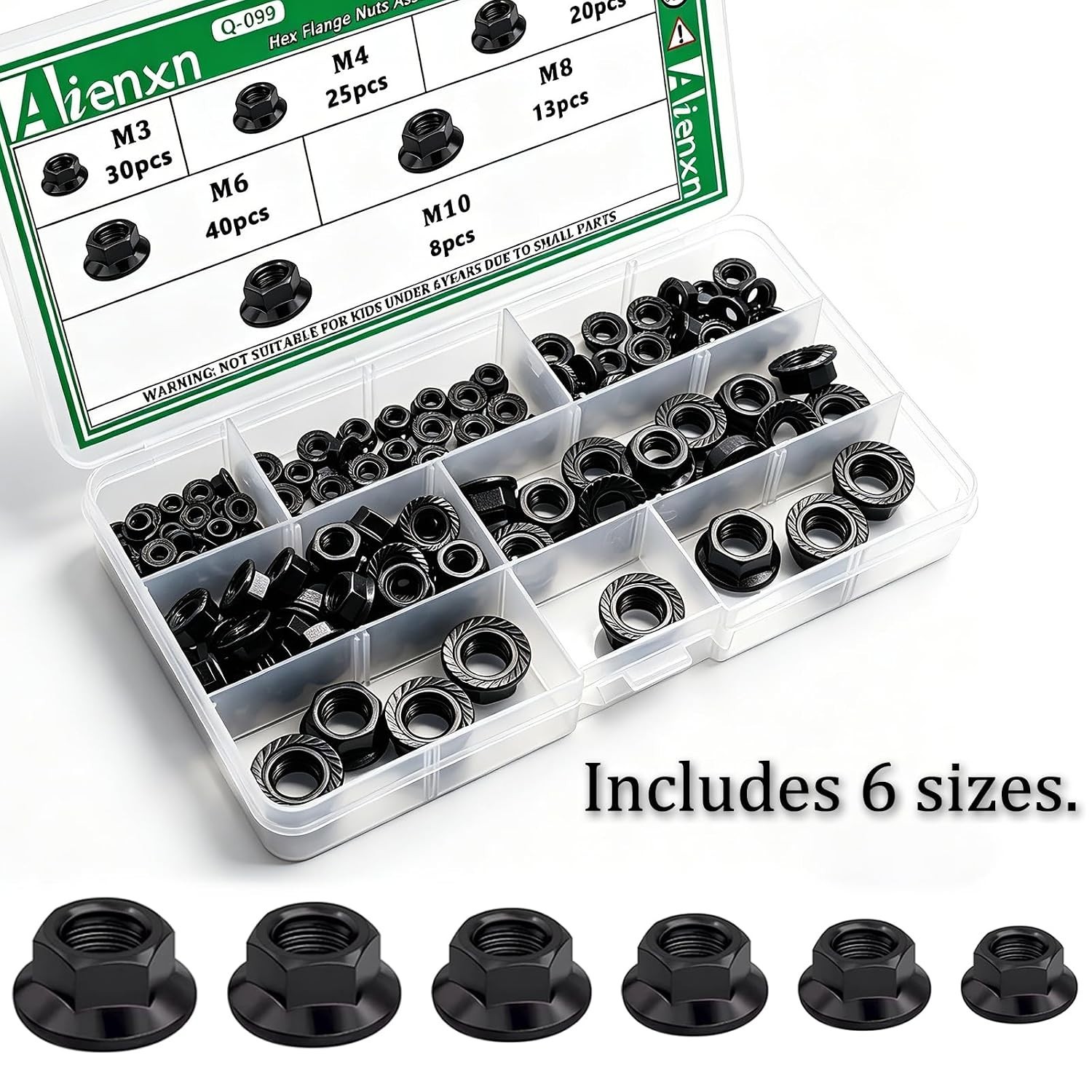 136PCS 6 Metric Sizes Black Carbon Steel Hex Flange Nuts Assortment Kit -M3, …