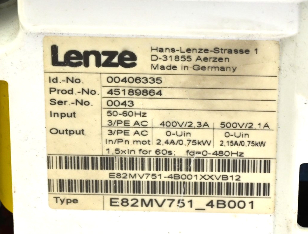 Lenze E82MV751-4B001 Motec Inverter 3 PHASE, 0.75 KW / 1.02 HP