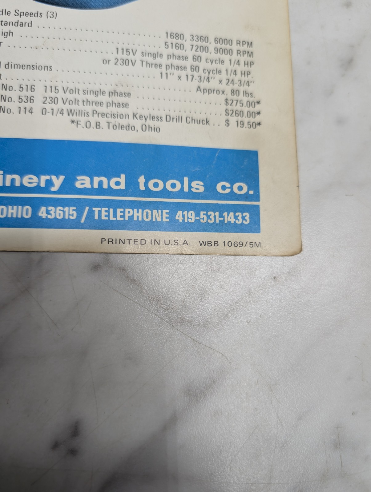WILLIS BLUEBIRD HIGH SPEED PRECISION DRILL PRESS MODEL NO 516 536 114 BROCHURE