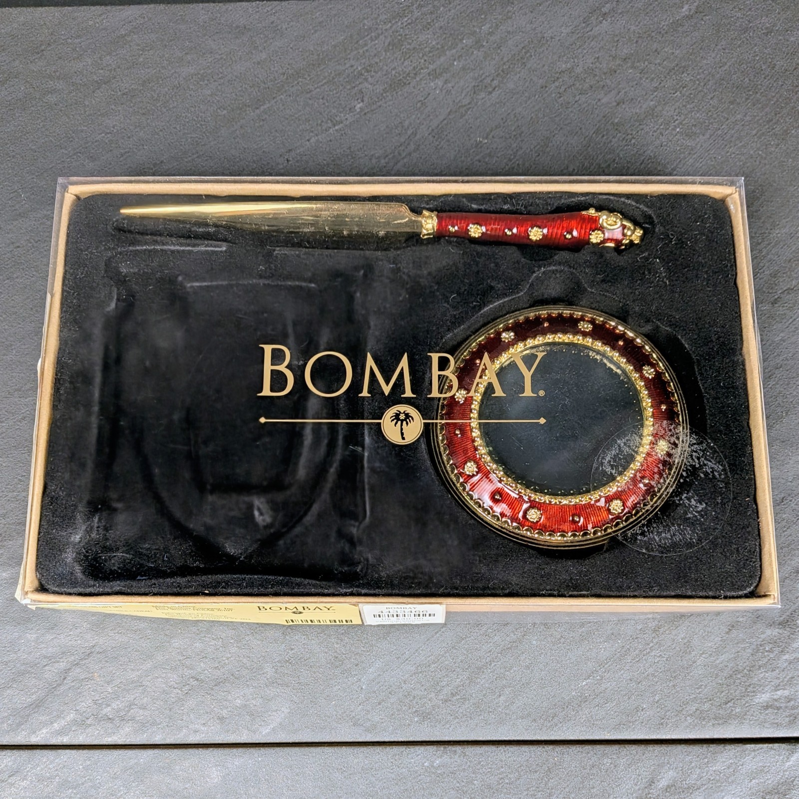 Vintage Bombay Co Red Enamel Magnifying Glass Letter Opener Set Boxed