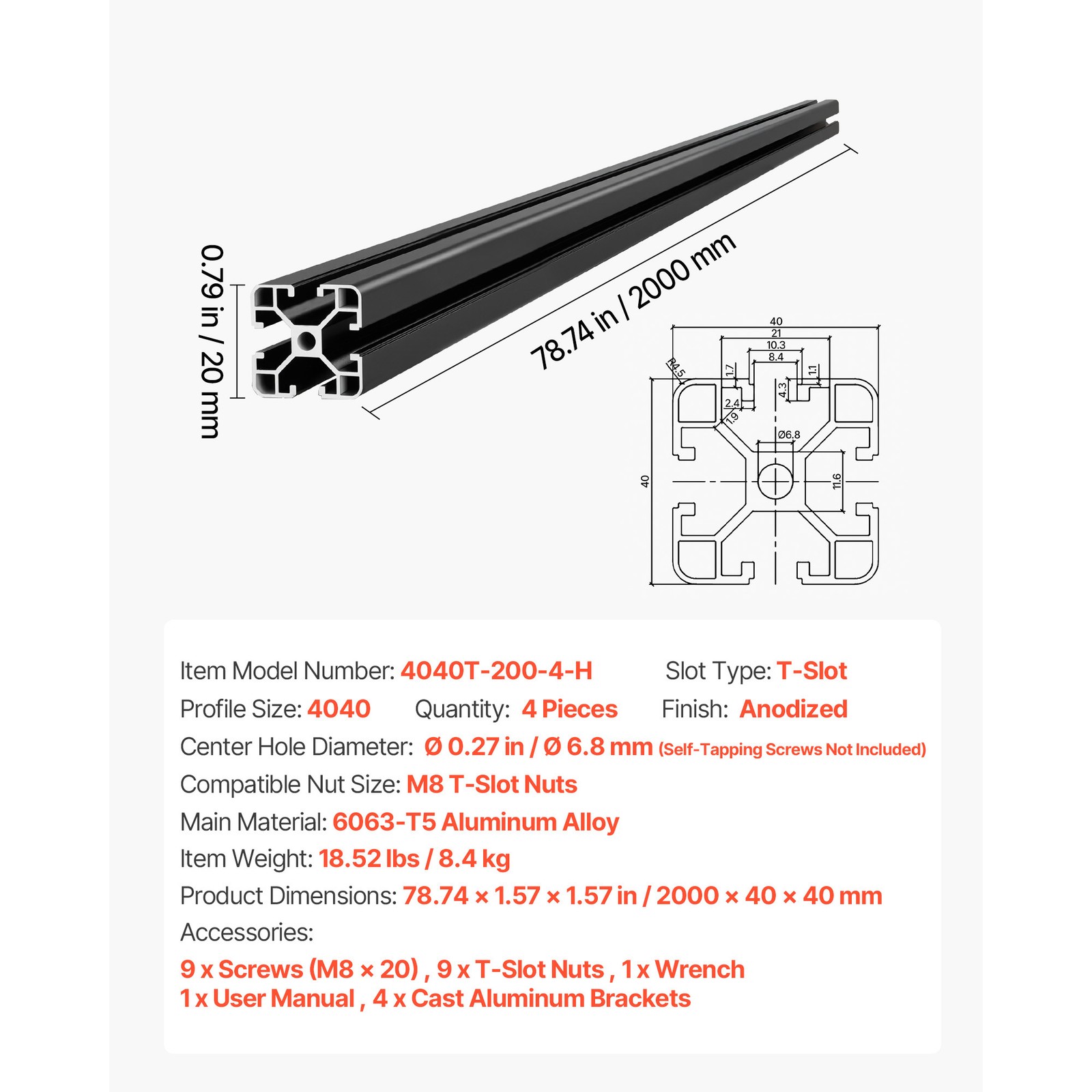 Uimoso 4PCS 4040 Aluminum Extrusion 78.74″ 2000 mm T Slot Anodized Linear Rail