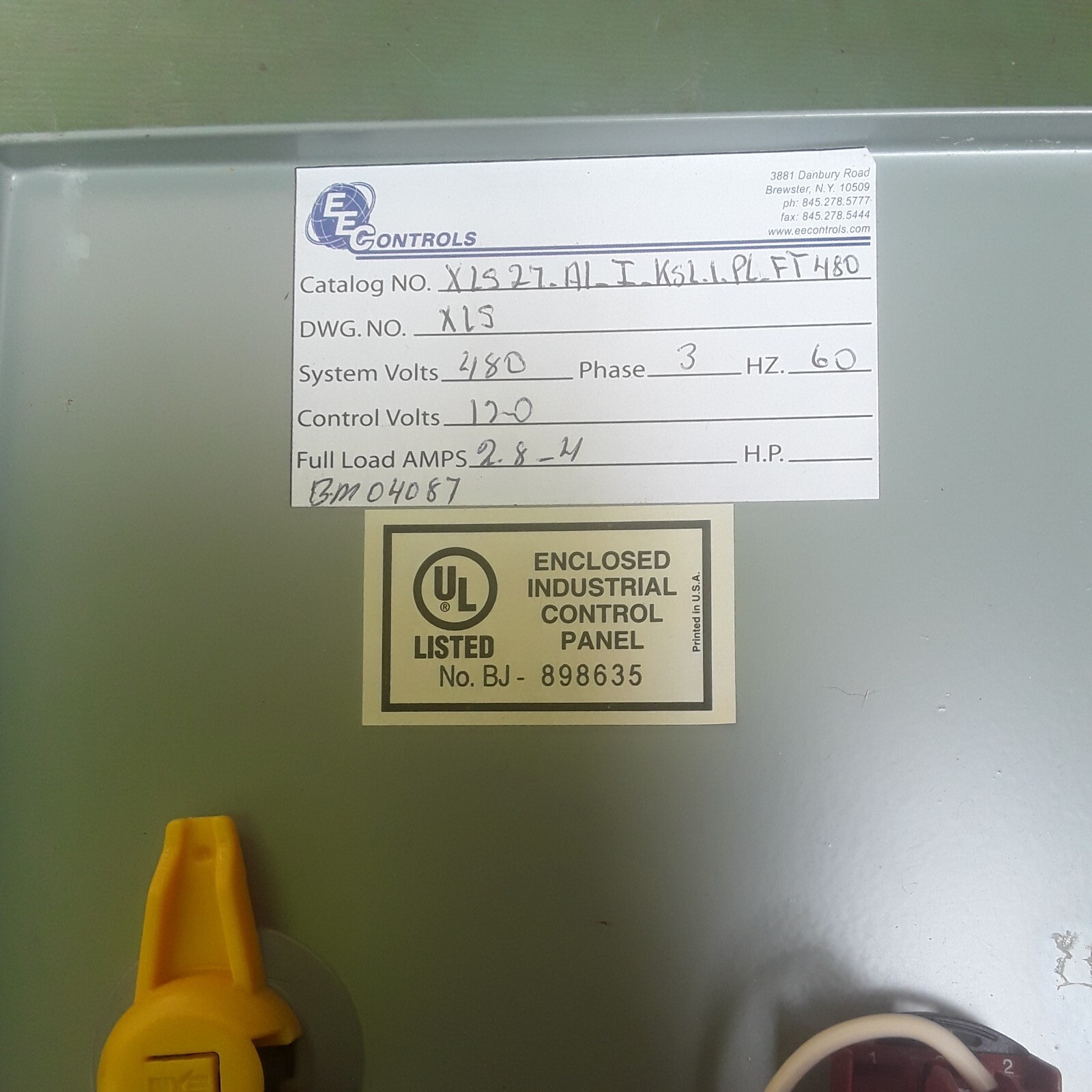 EEControl Panel XLS27 480V 3 PHASE 60HZ 120 CONTROL VOLTS NOS