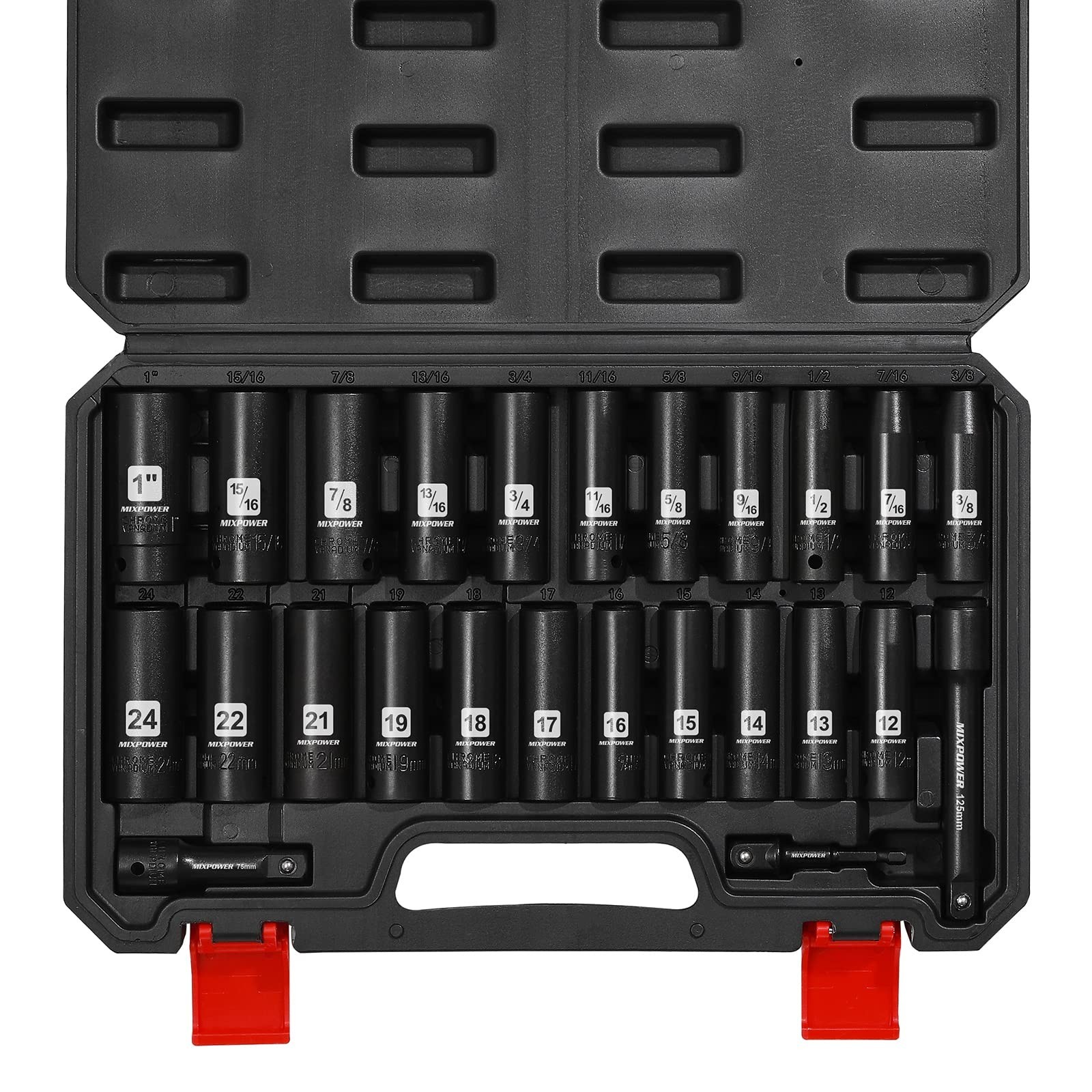 25 Pieces 1/2-Inch Drive Deep Impact Socket Set, CR-V, Metric/SAE, Includes 1…