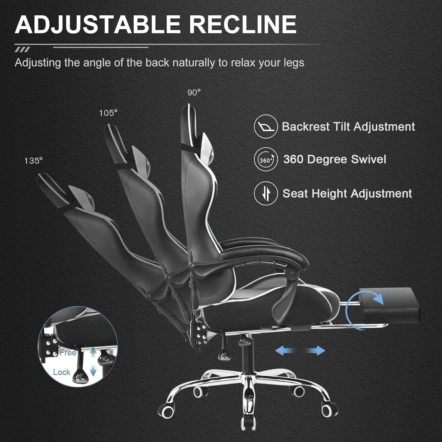 Gaming Chair Office Chair with Footrest Lumbar Support 360 Swivel Adjustable …