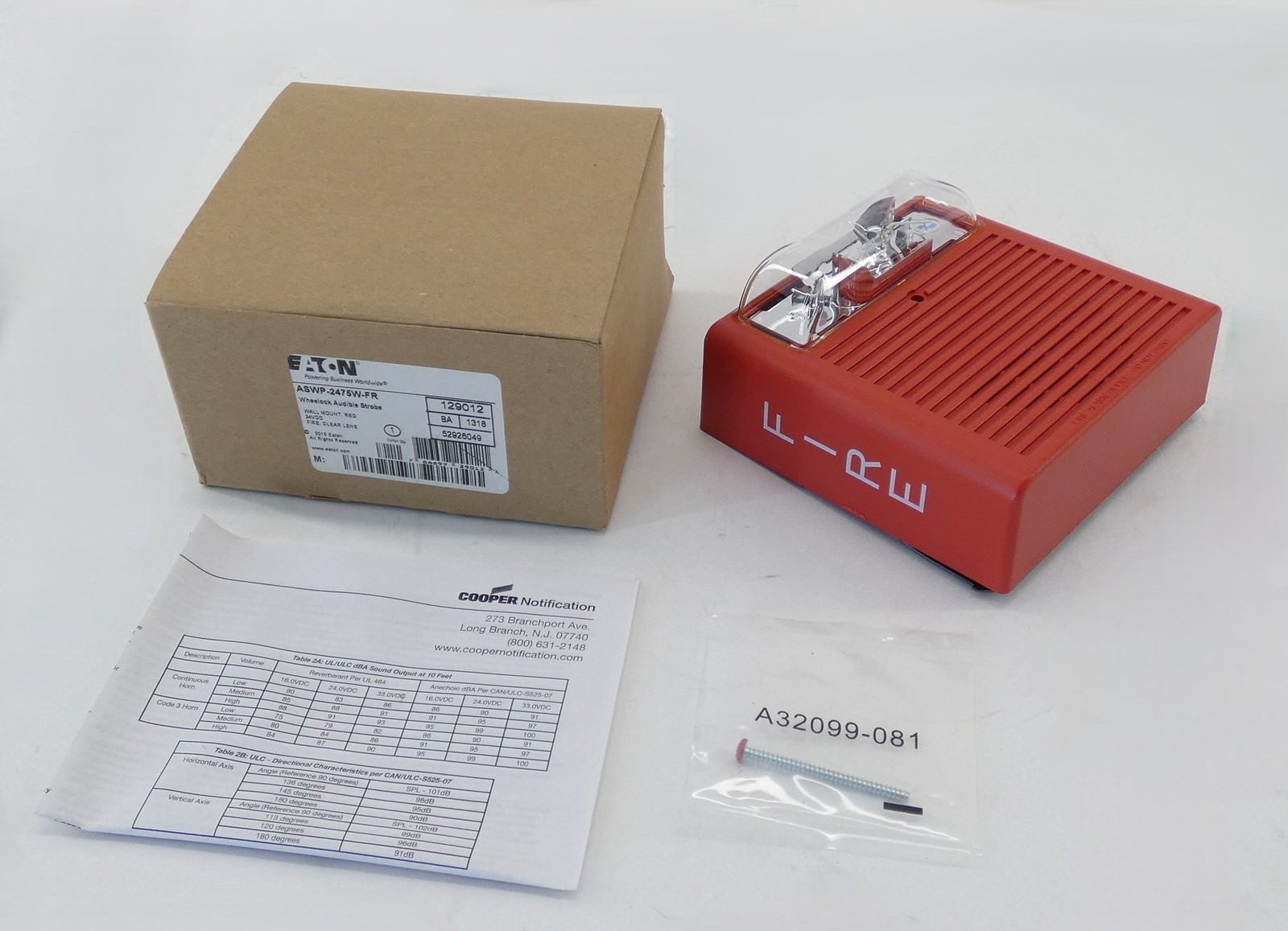 Eaton ASWP-2475W-FR Wall Mount Audible Horn Strobe Red Fire Alarm Wheelock 24…